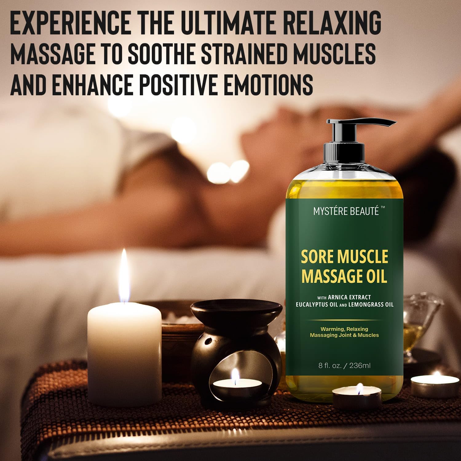 MYSTÉRE BEAUTÉ Sore Muscle Massage Oil for Massage Therapy with Arnica - Relaxing, Warming, Eases Muscle Soreness & Stiffness - Moisturizes Skin - Premium-Quality - 8 fl oz