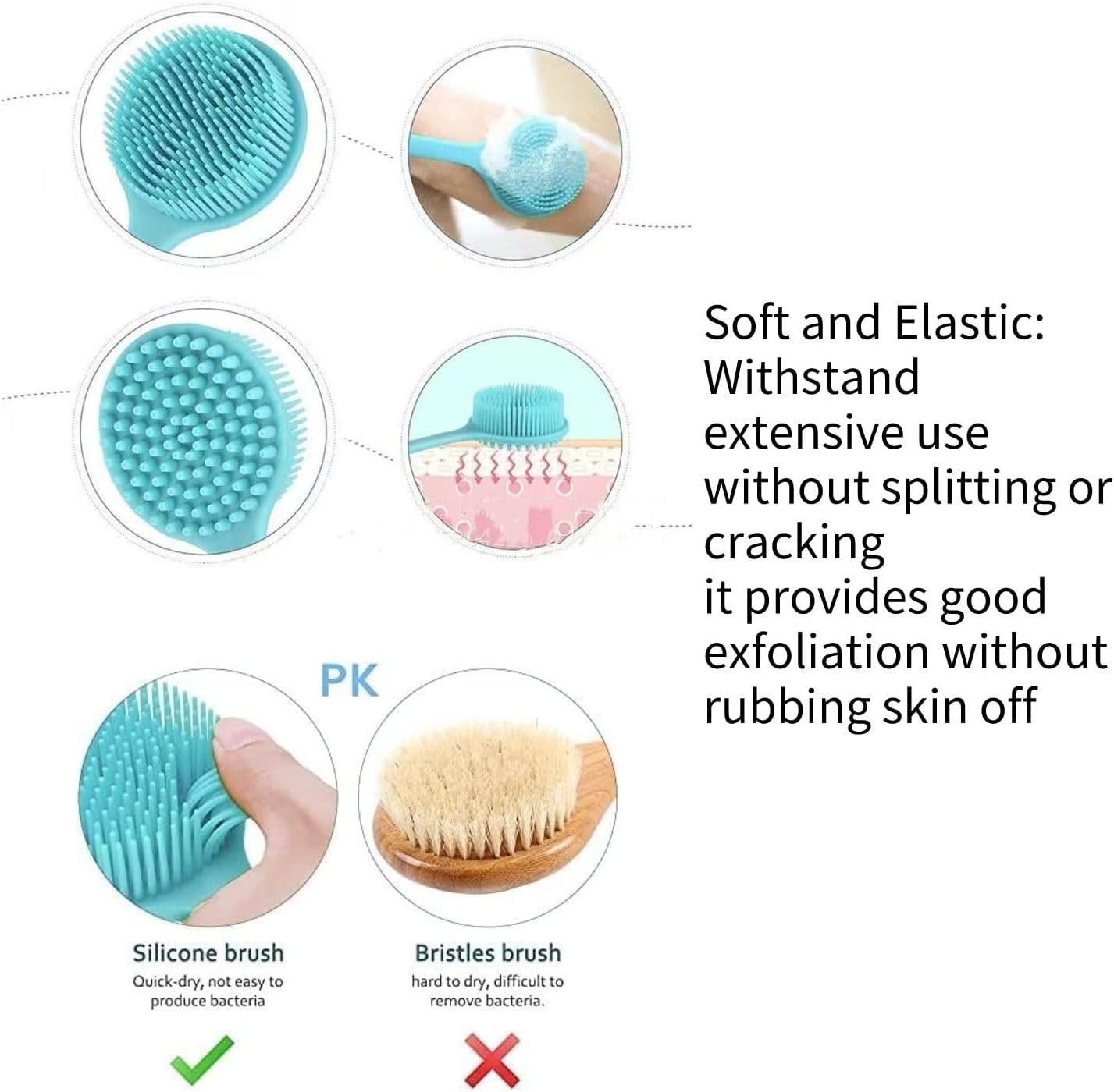 Silicone Back Scrubber for Shower, Body Scrubber with Soft Bristles for Men Women, Long Handle Bath Brush Skin Exfoliator Wet or Dry Body Brush, Shower Back Washer