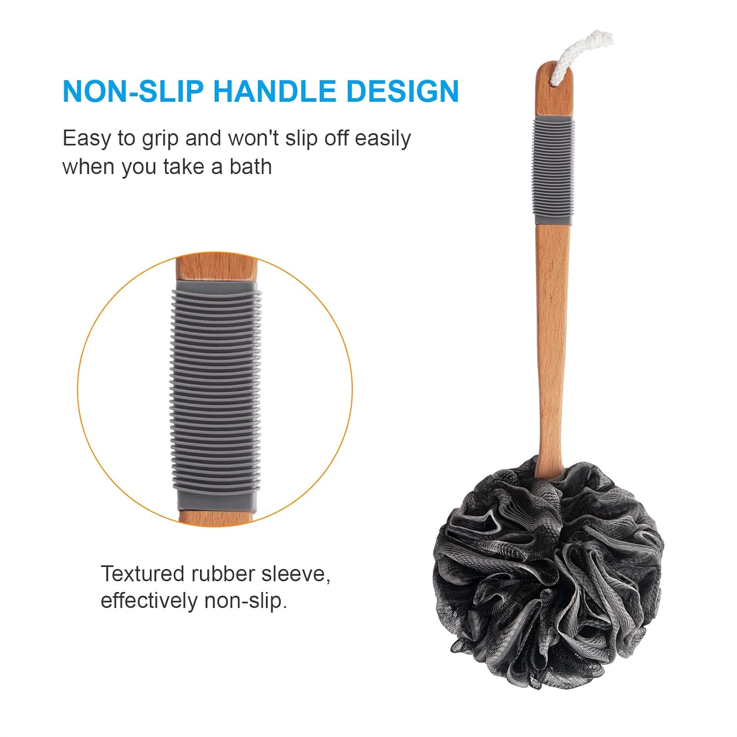 AmazerBath Shower Sponge Loofah Back Scrubber, PE Soft Mesh Loofah Body Scrubber with Long Wooden Handle, Bath Sponge for Men Women (Pink)