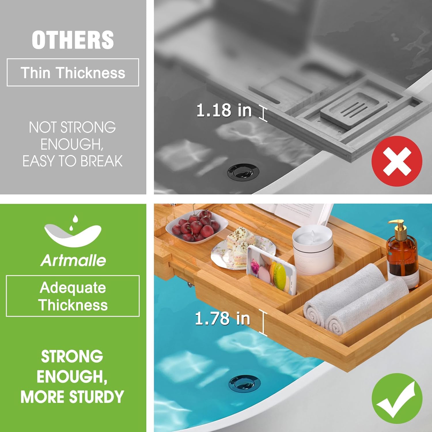 Artmalle Bathtub Caddy Tray for Tub,Foldable Bamboo Bath Table Tray with Book and Wine Glass Holder, Expandable Bathroom Accessories with Free Soap Dish Suitable for Luxury Spa or Reading