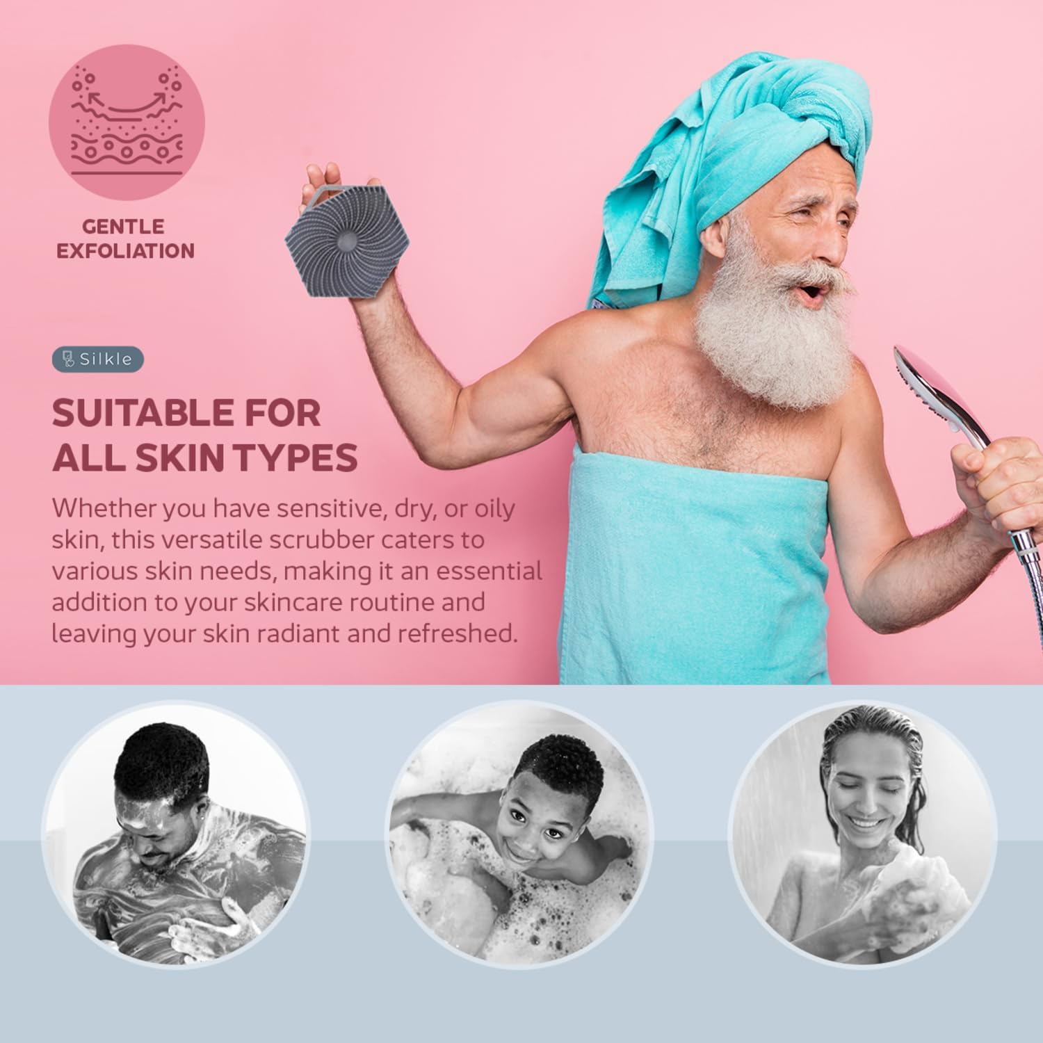 SILKLE Silicone Body Scrubber - Exfoliating Bath Brush and Skin Cleanser - Shower Sponge for Gentle Body Scrub and Wash - Silicone Scrubbing Care Tool for a Refreshed and Renewed You - Pink