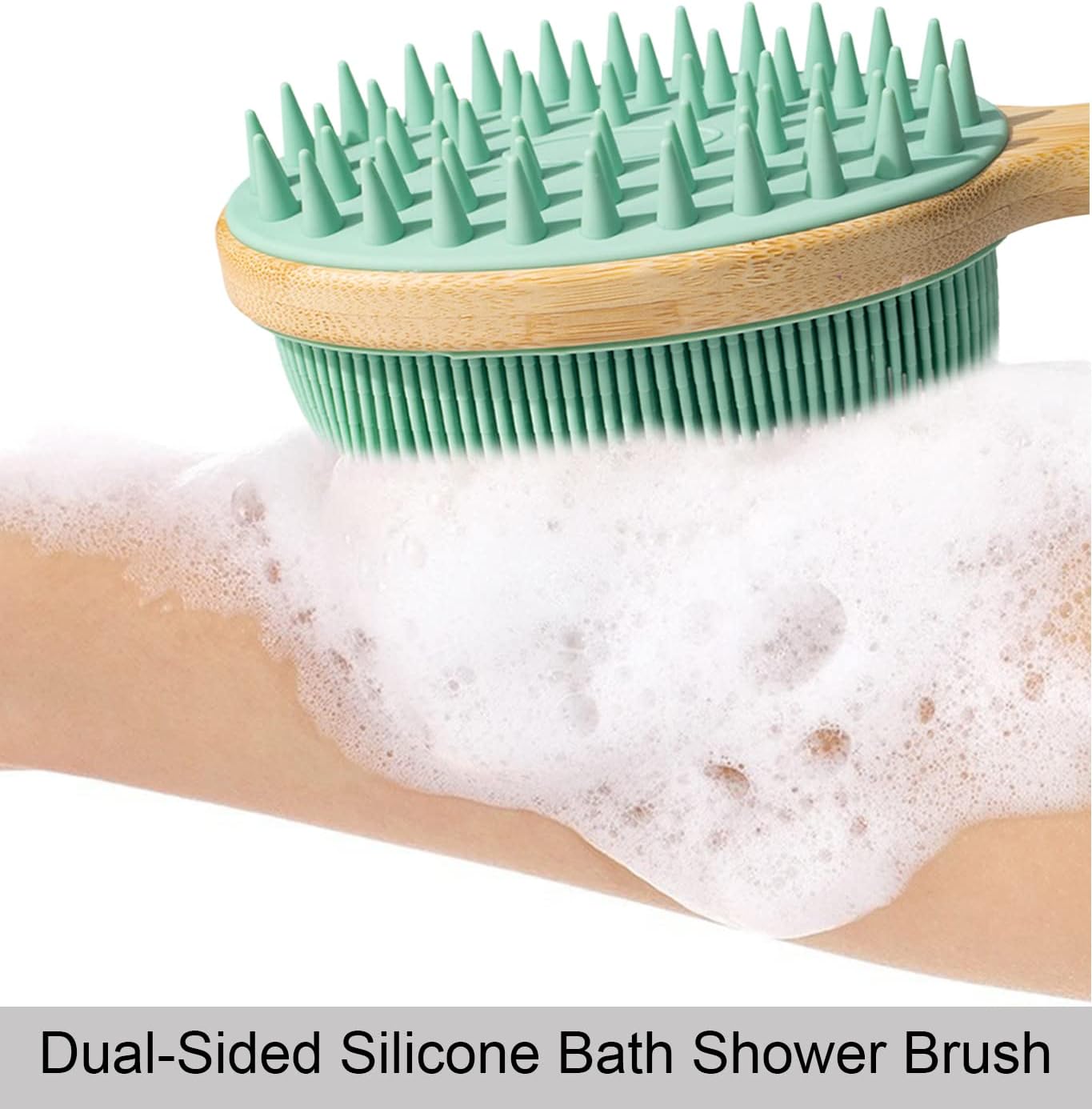 Silicone Body Scrubber with Long Handle, Dual-Sided Exfoliating Back Scrubber, 2 in 1 Bath Shower Brush for Dry and Wet - Green