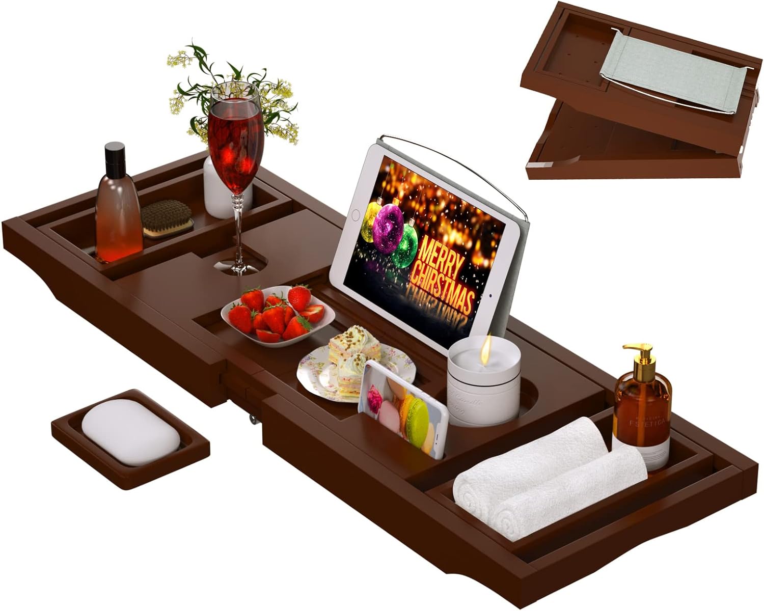 Artmalle Bathtub Caddy Tray for Tub,Foldable Bamboo Bath Table Tray with Book and Wine Glass Holder, Expandable Bathroom Accessories with Free Soap Dish Suitable for Luxury Spa or Reading