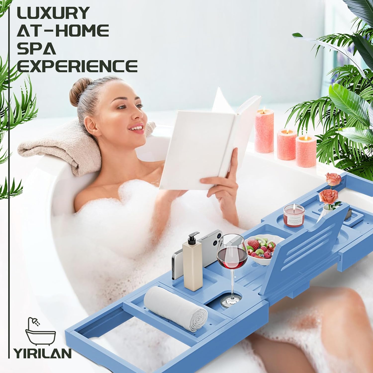 Yirilan Premium Bathtub Tray Caddy - Expandable Bath Tray - Unique House Warming Gifts, New Home, Anniversary & Wedding Gifts for Couple, Bridal Shower Gift for Women