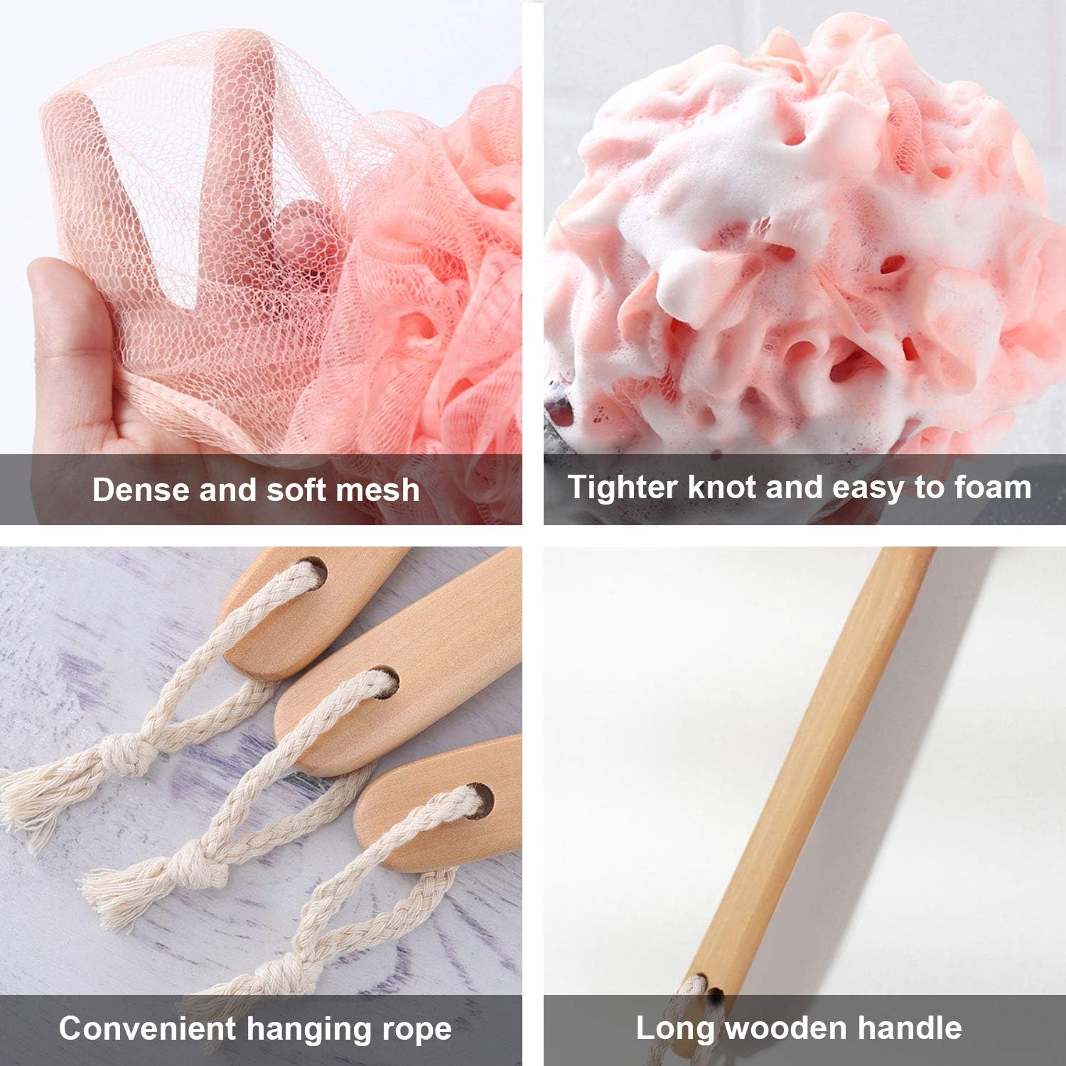 RASDDER Loofah with Handle, Loofah on a Stick, Loofah Sponge with Handle, PE Soft Mesh Luffa, Exfoliating Luffa on a Stick for Men and Women