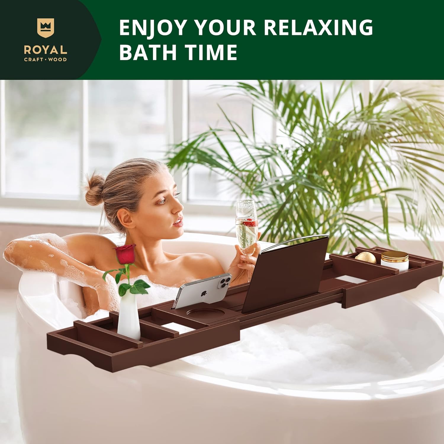 ROYAL CRAFT WOOD Foldable Bathtub Tray Caddy Bamboo Bathtub Tray Expandable, Bath Tub Table Caddy with Extending Sides - Free Soap Dish