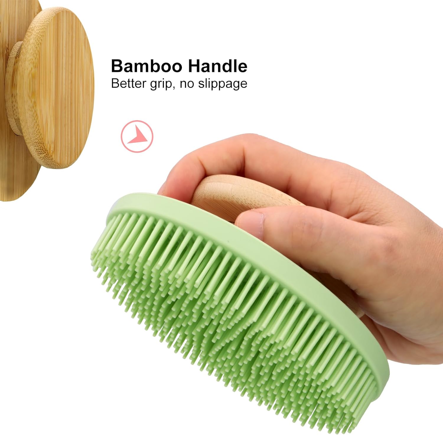 Ozner Food-Grade Soft Silicone Body Scrubber Shower Brush, Cleans and Removes Dead Skin - Foam-Rich Brush, Non-Slip Bamboo Handle Silicone Loofah, Durable and Easy to Clean, 1pc (Pink)