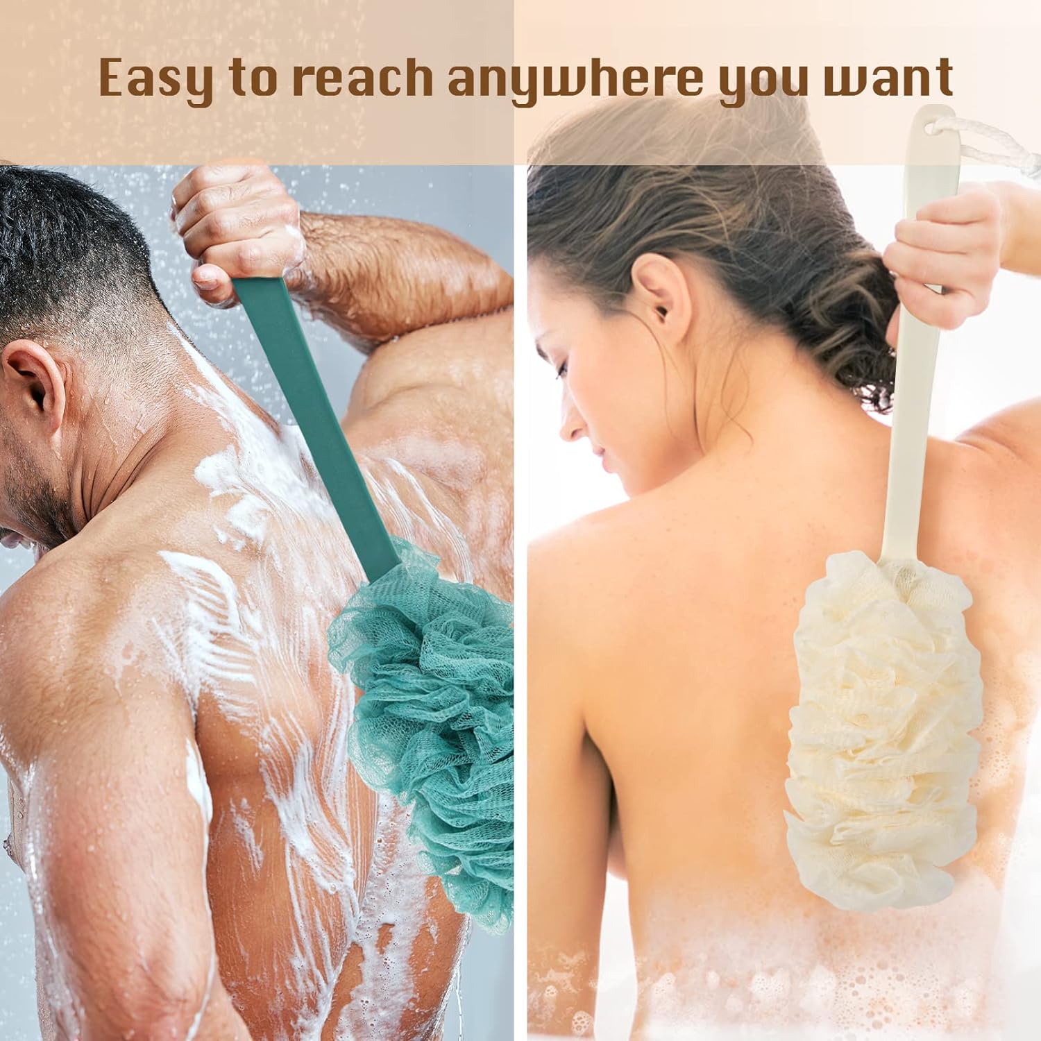 2Pack Back Scrubber for Shower，PIPUHA Loofah Sponge Shower Brush Using Body Exfoliating with Long Handle, Loofah on a Stick for Men Women, Bathing Accessories for Body Brushes (Blue and White)