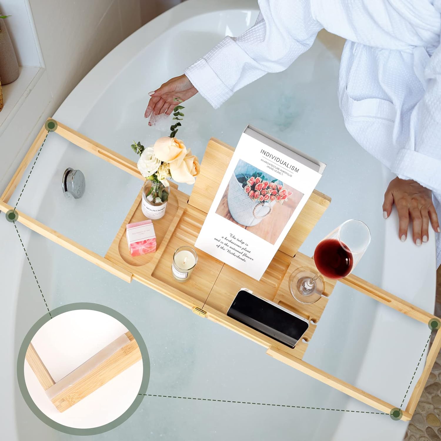 HMGDFUE Bamboo Bathtub Tray for Luxury Bath,Foldable Expandable Bath Tray for Bathtub Bath Tub Tray Table with Wine Glass Holder and Phone Book Holder for Couples Wedding Gifts for Mom Women