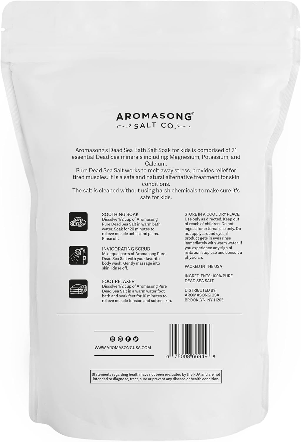 Aromasong Dead Sea Salt for Kids Bath Soak, 4 Lbs. Fine Grain Large Bulk resealable Pack, 100% Pure & Natural.
