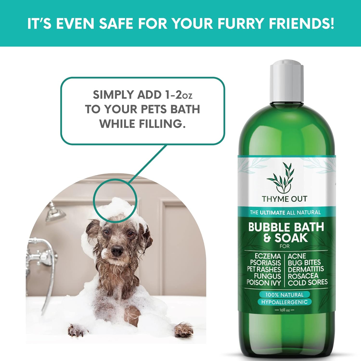 Thyme Out All-Natural Bubble Bath - Hypoallergenic Skin-Soothing Thyme Bath Foam - Sulfate-Free, Paraben-Free Formula Provides Deep Moisturization and Hydration for All Skin Types - 16 Oz