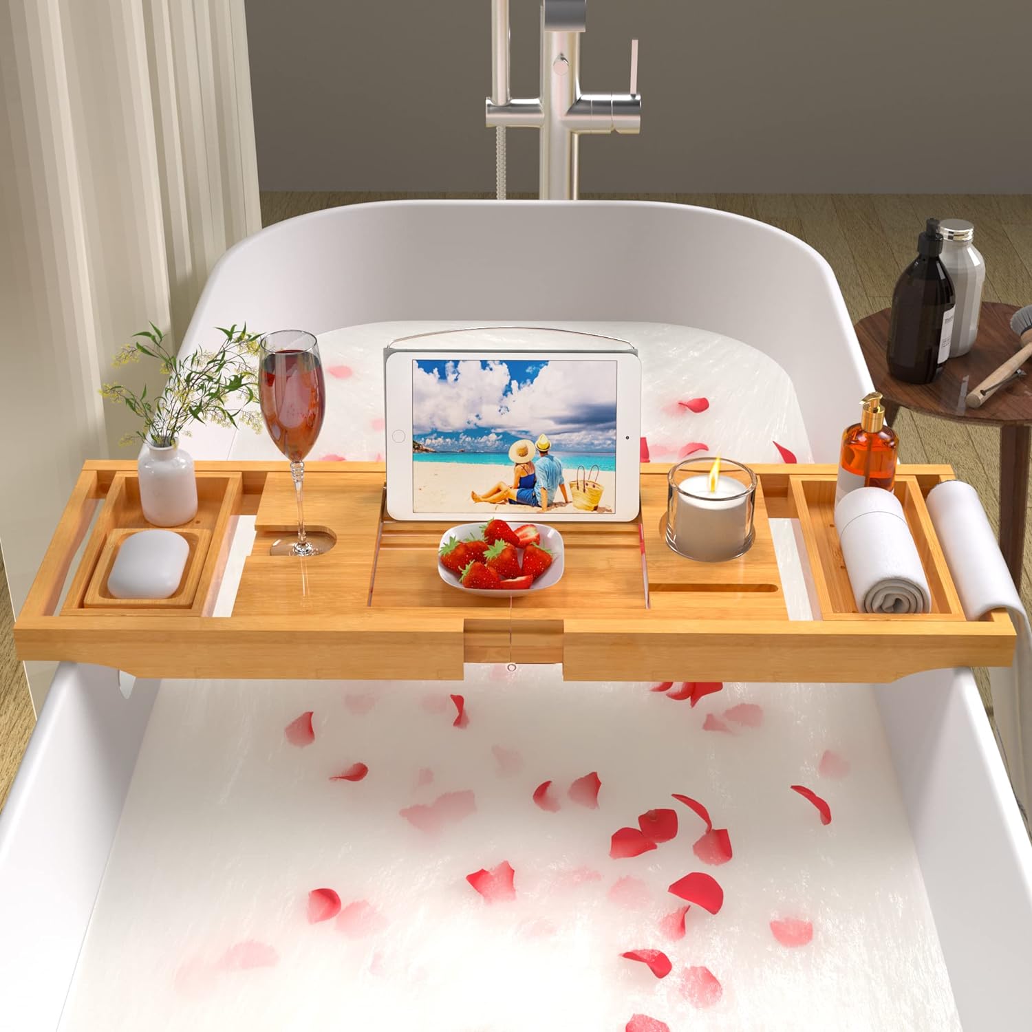 Artmalle Bathtub Caddy Tray for Tub,Foldable Bamboo Bath Table Tray with Book and Wine Glass Holder, Expandable Bathroom Accessories with Free Soap Dish Suitable for Luxury Spa or Reading