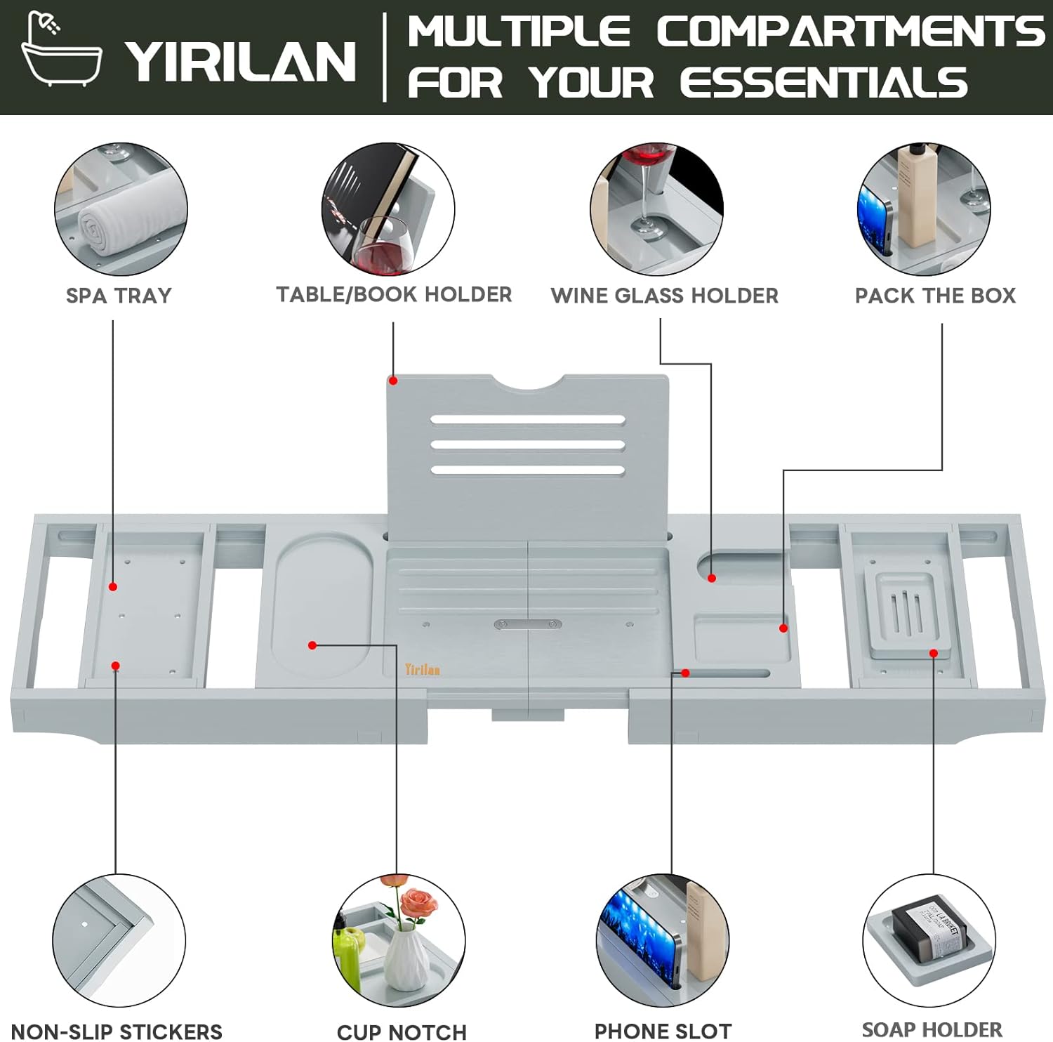Yirilan Premium Bathtub Tray Caddy - Expandable Bath Tray - Unique House Warming Gifts, New Home, Anniversary & Wedding Gifts for Couple, Bridal Shower Gift for Women
