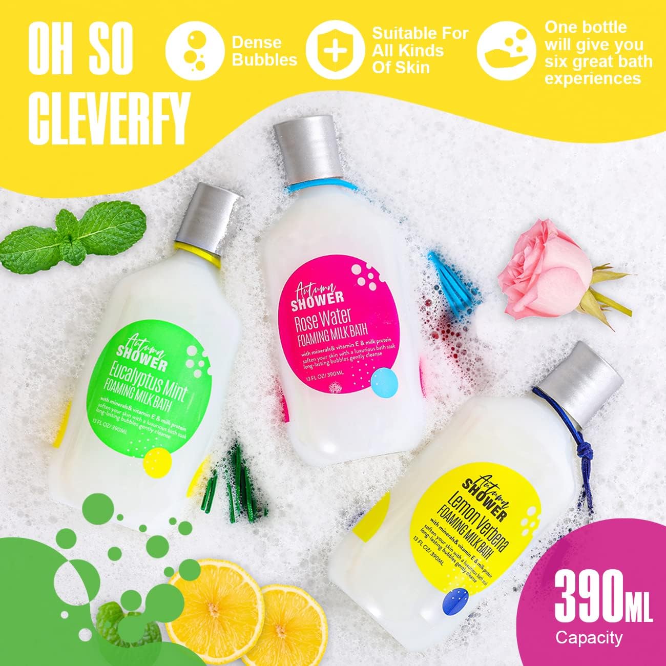 Autumn Shower Bubble Bath Kit - Includes Essential Oils, Scented Candle, Rose Water, and Eucalyptus Mint Milk Bath - Natural Bubble Bath for Kids and Adults with Epsom Salt.