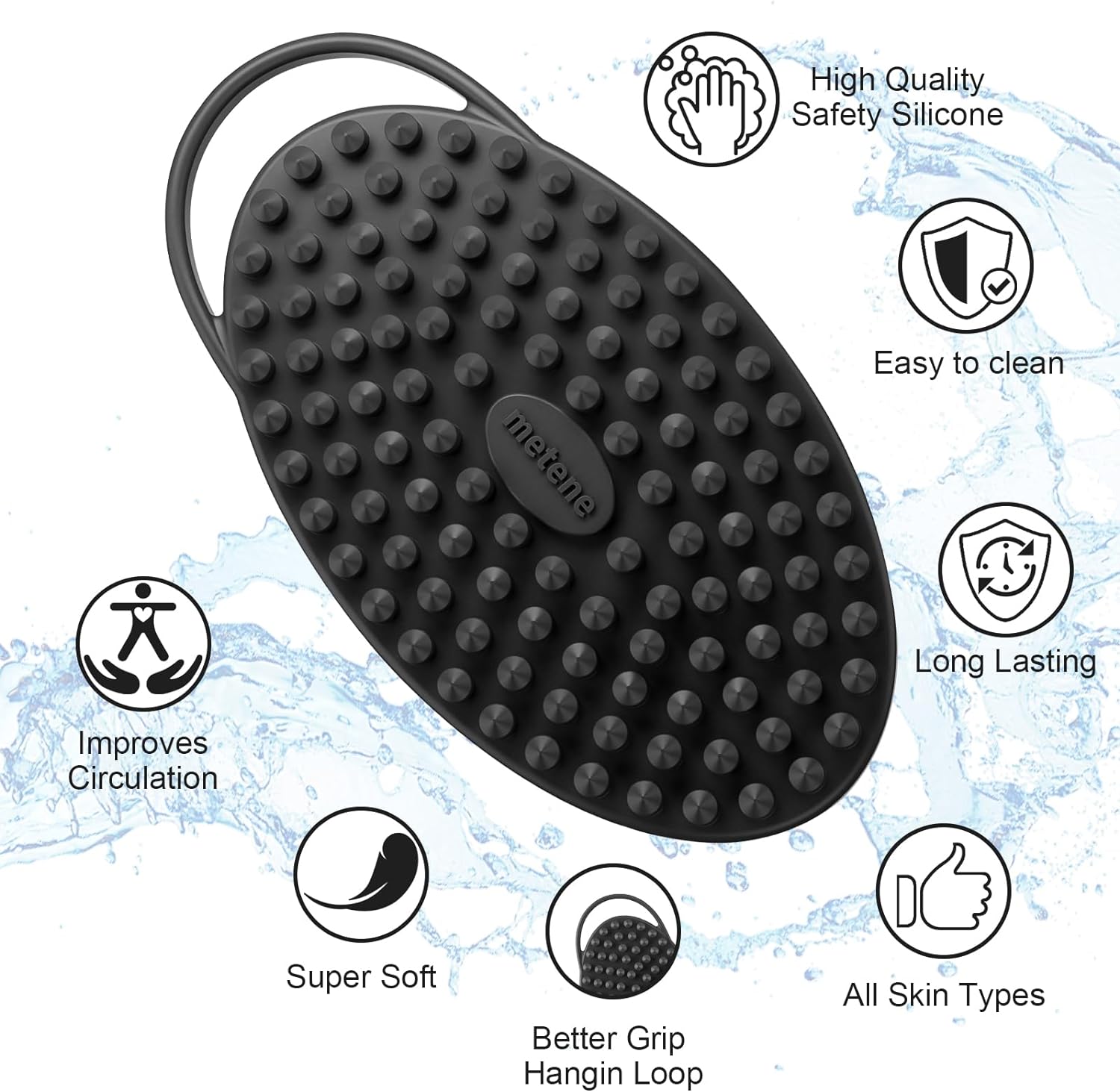 Metene Silicone Body Scrubber, Exfoliating Body Scrubber for Use in Shower,Lathers Well, Long Lasting, Soft Body Scrubber for Shower and Bath Skincare Routine(Black with Loop)