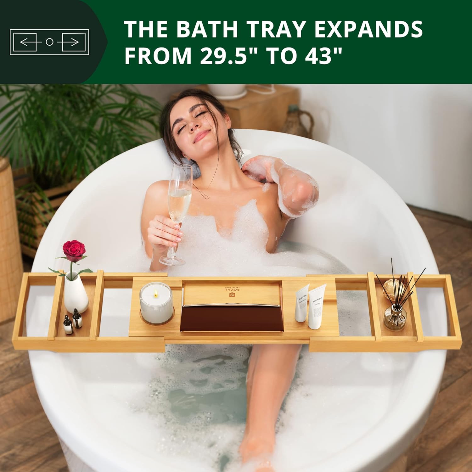 ROYAL CRAFT WOOD Foldable Bathtub Tray Caddy Bamboo Bathtub Tray Expandable, Bath Tub Table Caddy with Extending Sides - Free Soap Dish
