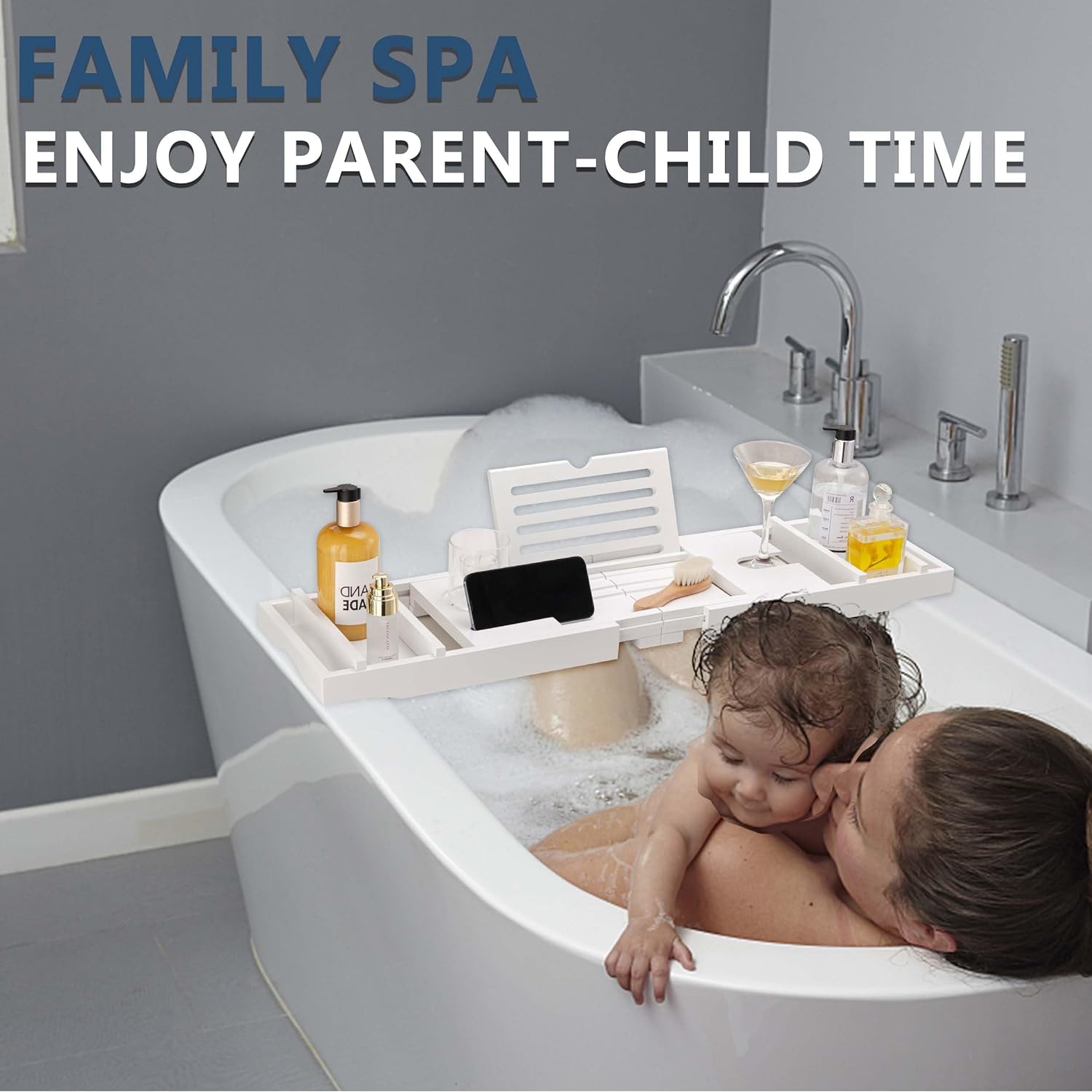 HBlife Bathtub Caddy Tray Foldable Bamboo Bath Table Tray with Book and Wine Glass Holder, Expandable Bathroom Accessories