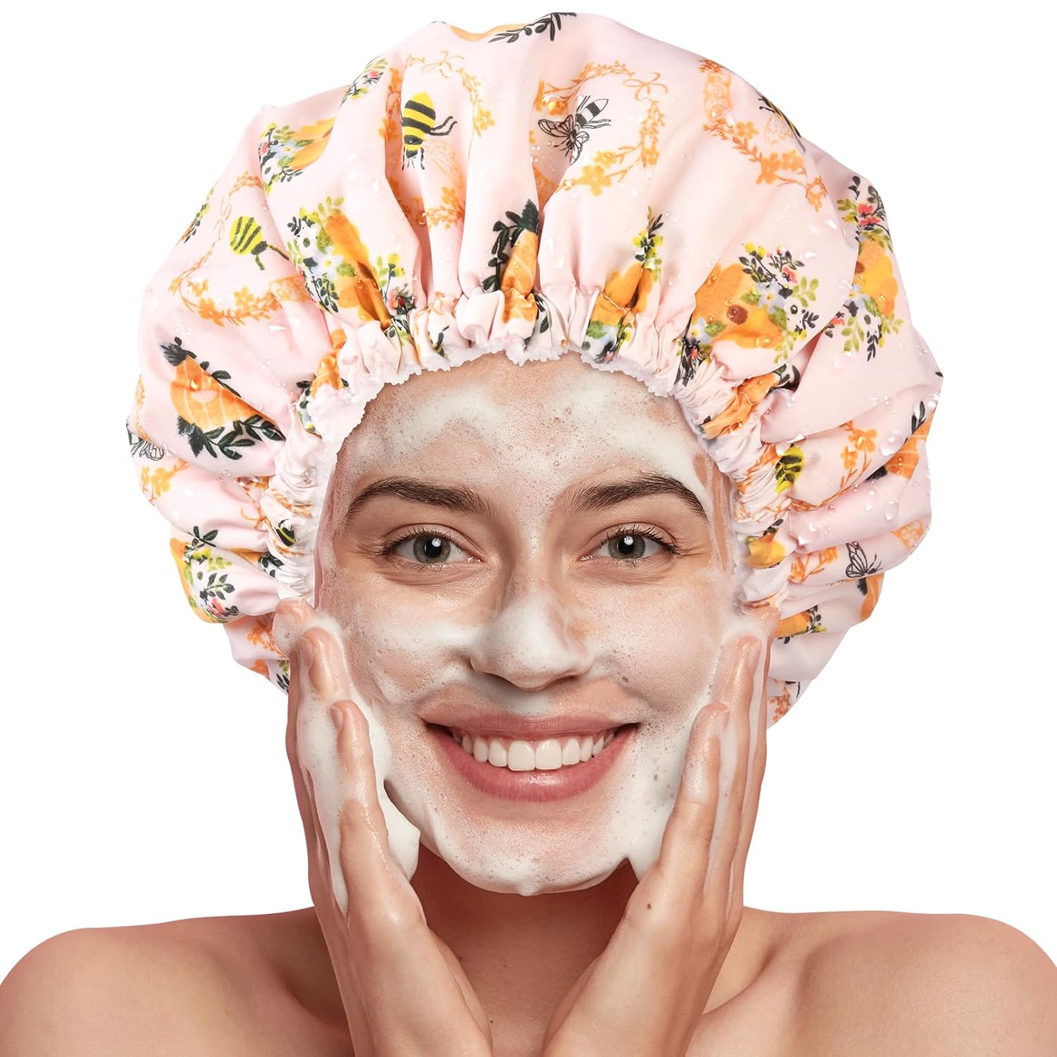 Shower Cap for Women Terry Lined Bath Cap Large Reusable Waterproof Elastic Band Pink Shower Caps for Long Thick Hair Soft Bath Shower Hair Caps