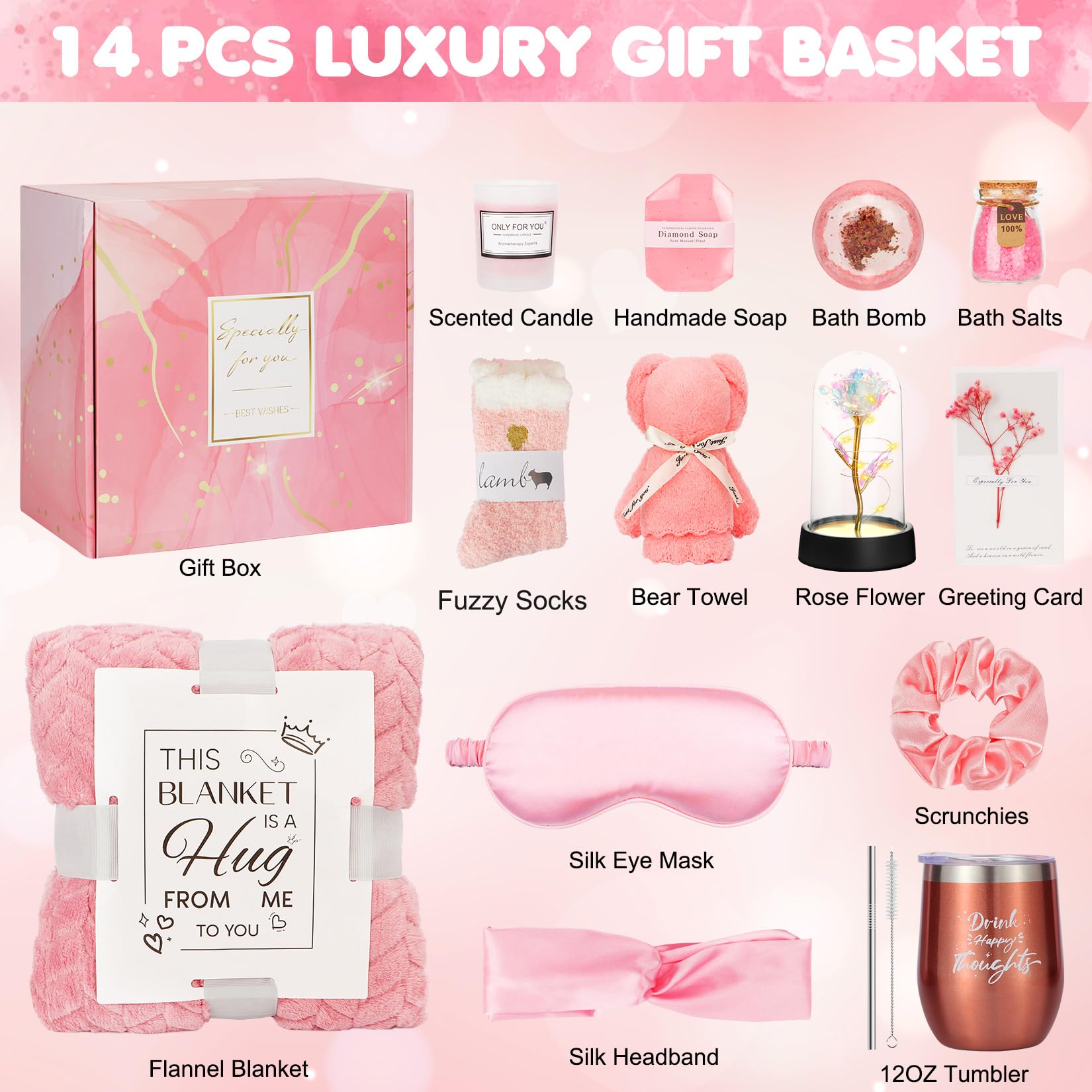 HOAI 21 Birthday and Get Well Gifts for Women - Relaxing Spa Care Package With Luxury Flannel Blanket, Light-Up Rose Flower - Unique Self Care Gift Basket for Mom, Wife, Friends
