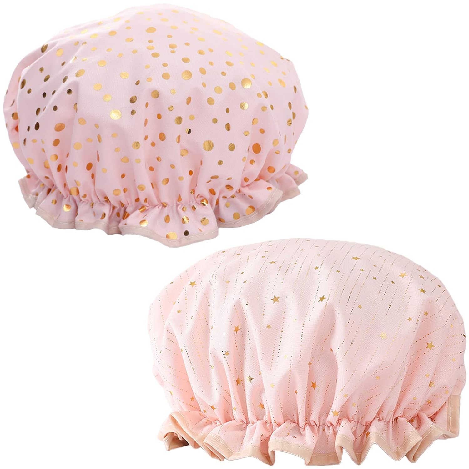 Qeuly 2 Pack Waterproof Shower Cap, Reusable Shower Cap for Women, Elastic Bathing Shower Hat Double Layers Bathing Hair Cap PEVA Lined Shower Hair Bath Cap (Pink)