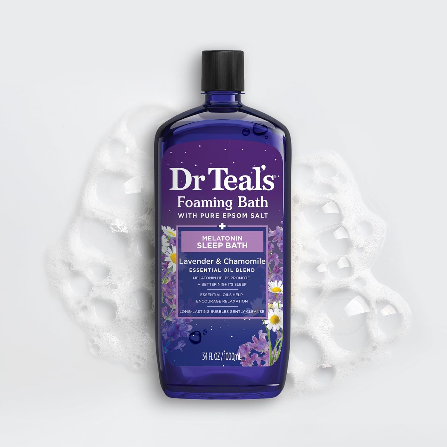 Dr Teal's Foaming Bath with Pure Epsom Salt, Sleep Blend with Melatonin, Lavender & Chamomile Essential Oils, 34 fl oz (Pack of 4) (Packaging May Vary)