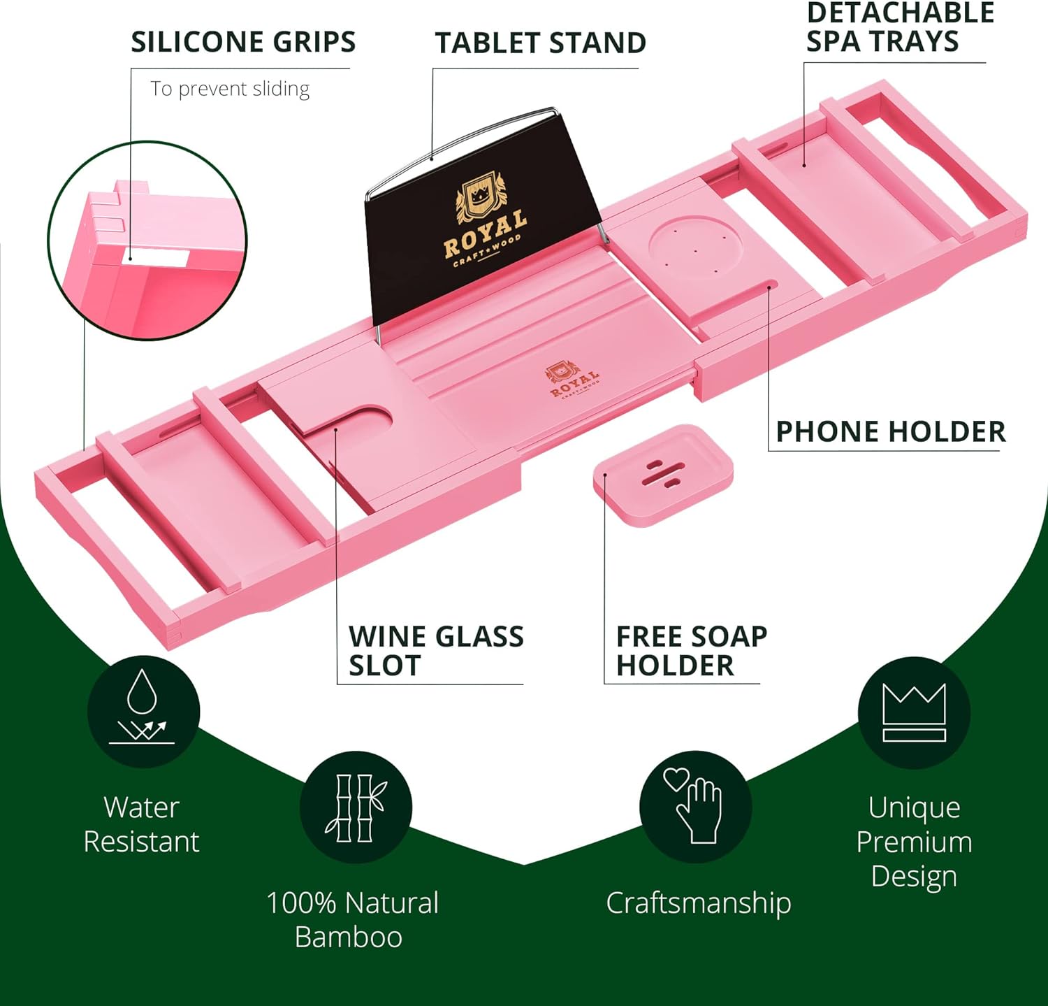 ROYAL CRAFT WOOD Foldable Bathtub Tray Caddy Bamboo Bathtub Tray Expandable, Bath Tub Table Caddy with Extending Sides - Free Soap Dish