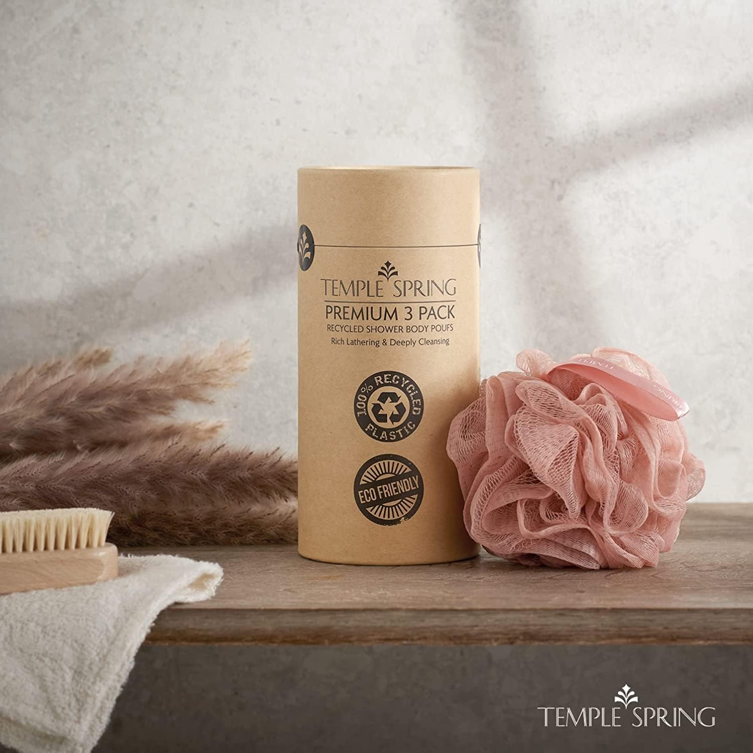 Shower Loofahs - 3 pack Natural Recycled Shower Poufs and Skin Scrubber Set for Men and Women - Exfoliating Body Bath Scrunchies Sponges for Bathroom & Shower