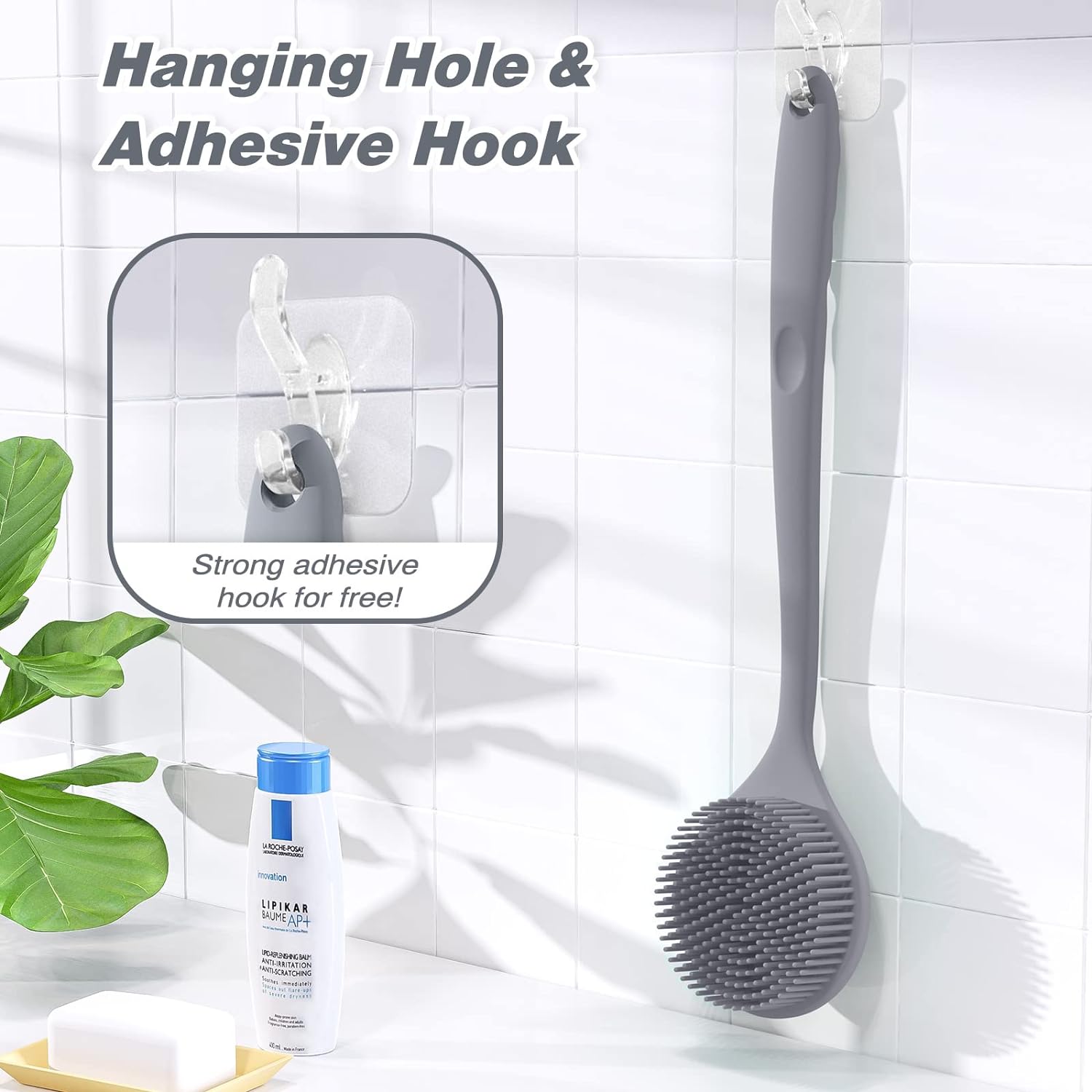 Manmihealth Silicone Back Scrubber(Thick Bristles) & Soft Bath Glove Set, Super-Exfoliating Body Scrubber & Super-Lathering Shower Brush Combination, with a Free Hook.(Black)