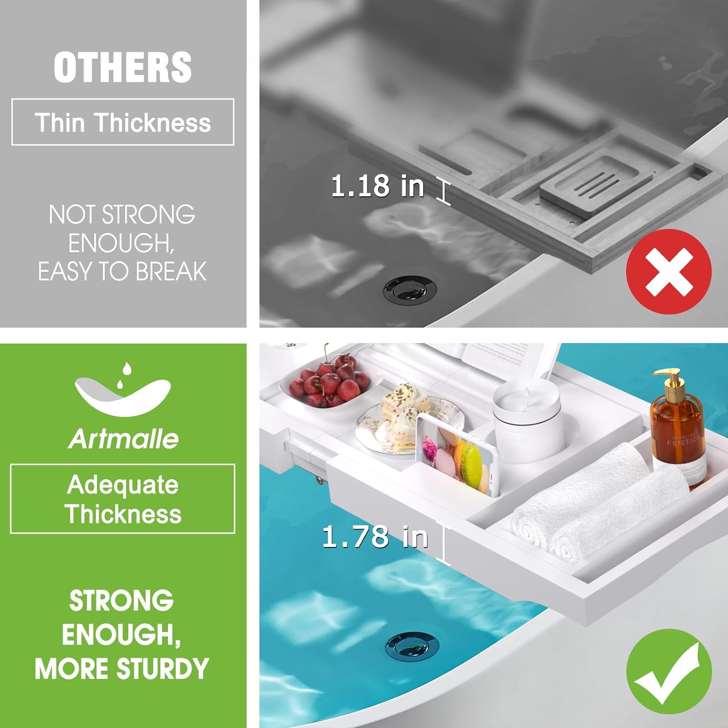 Artmalle Bathtub Caddy Tray for Tub,Foldable Bamboo Bath Table Tray with Book and Wine Glass Holder, Expandable Bathroom Accessories with Free Soap Dish Suitable for Luxury Spa or Reading