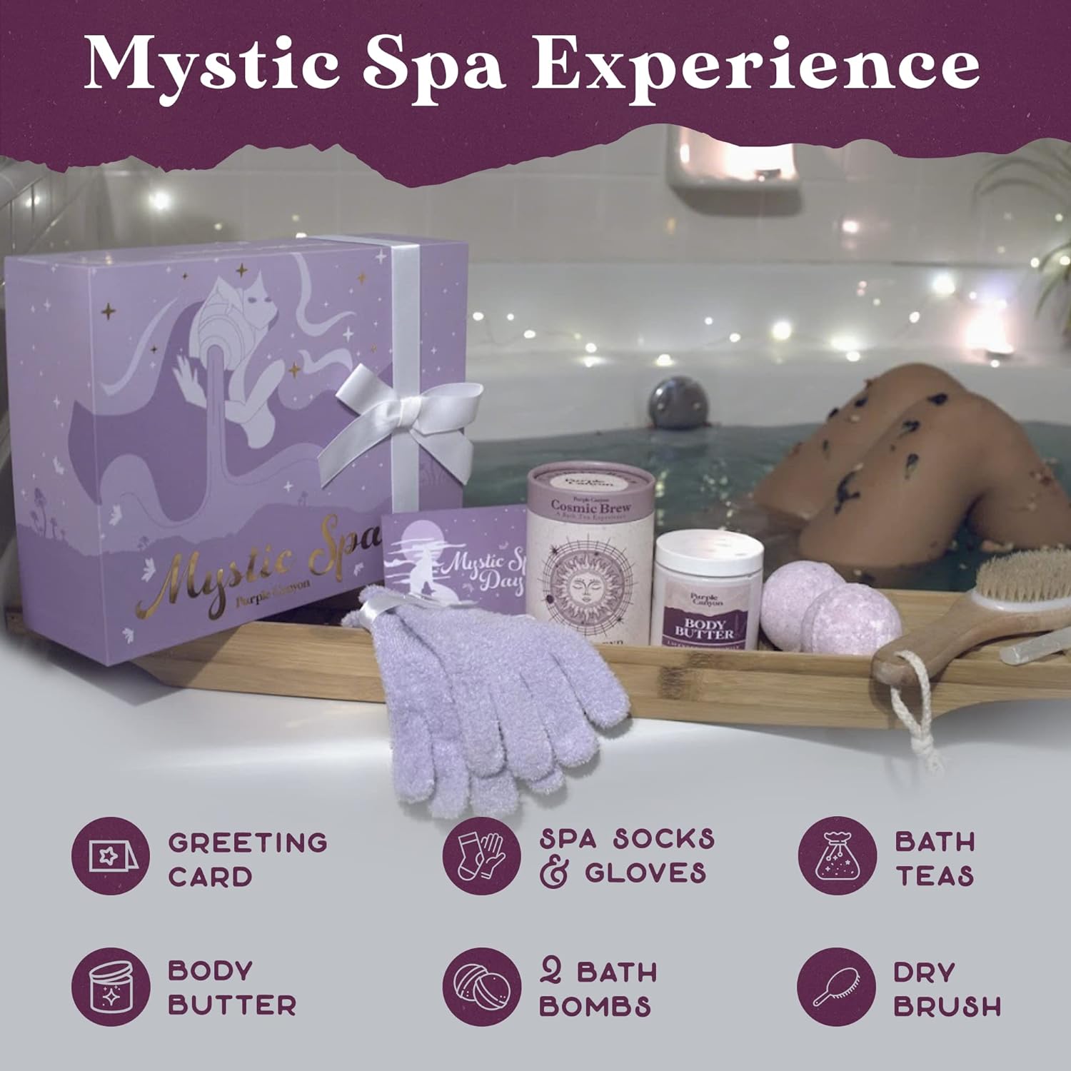 Purple Canyon Mystic Spa Box | 7 Piece Full Size Lavender Spa Kit for Self Care | Bath and Body Gifts for Women