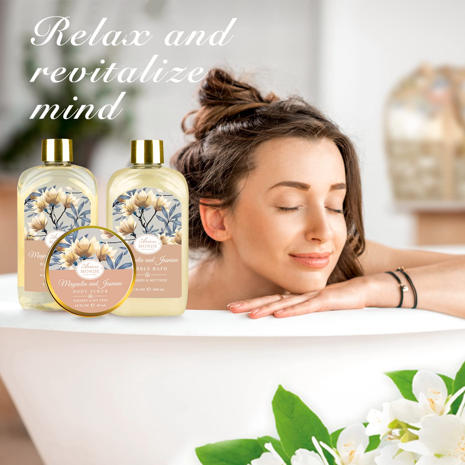 Home Spa Gift Basket, Bath Spa Kit for Women, with Body Lotion, Shower Gel, Bubble Bath, Body Scrub, Bath Salt, Bath Bomb, Bath Gift Set for Mother, Wife Her, with Magnolia and Jasmine Scent