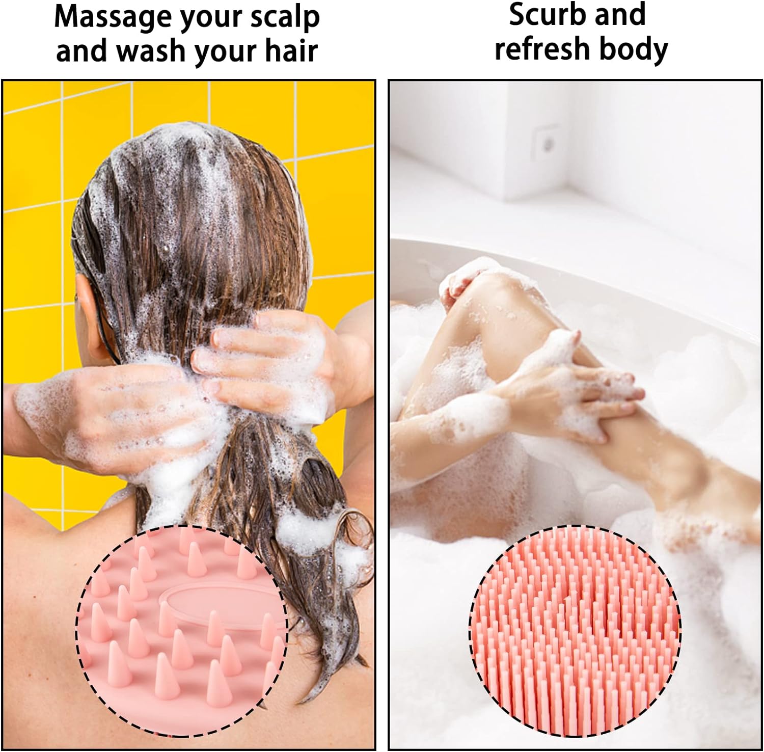 ONLYFU 2PCS Silicone Loofah for Body Wash, 2 in 1 Exfoliating and Massaging Hair Body Scrubber, Skin-Friendly Scalp Massager (Black and Pink)