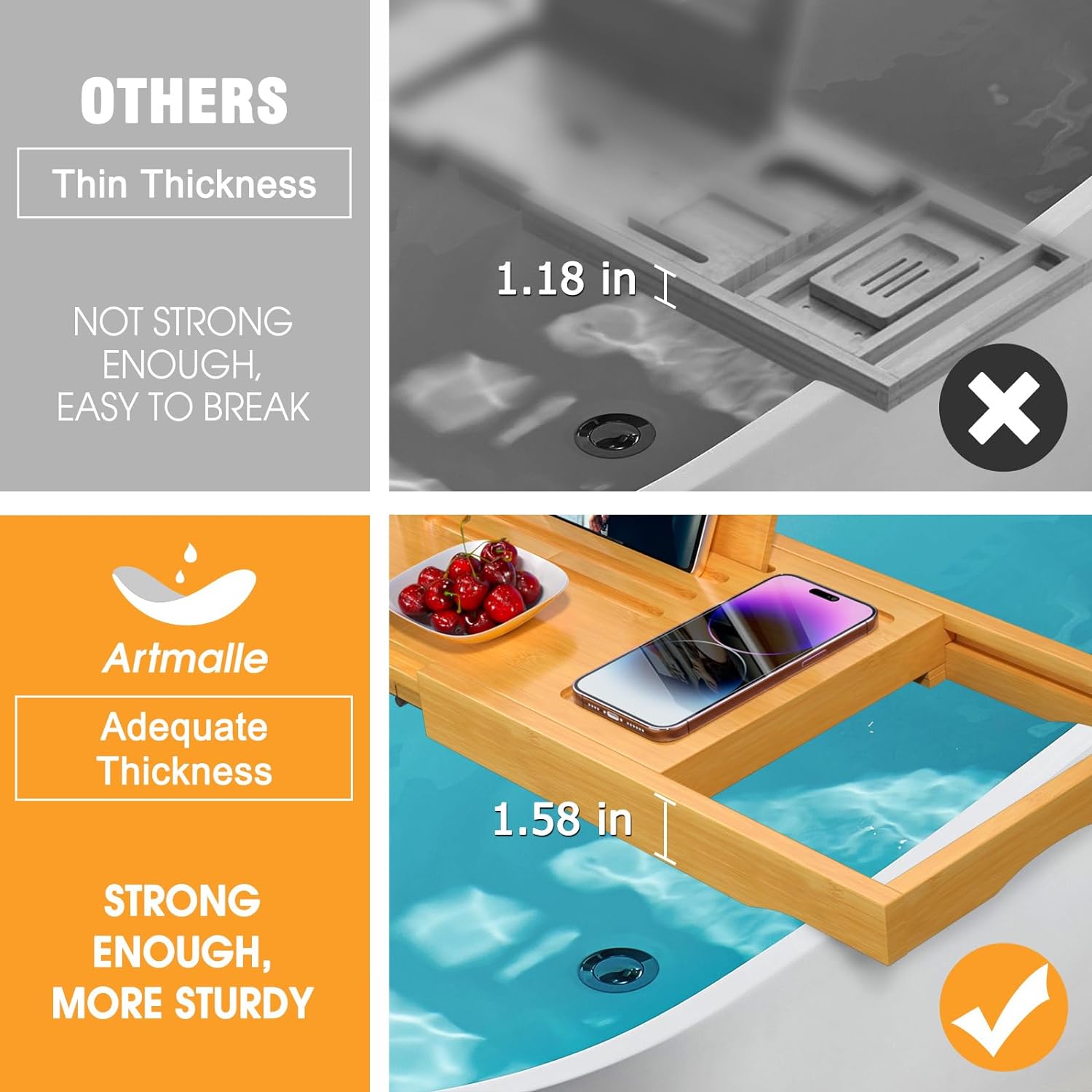 Artmalle Bathtub Caddy Tray for Tub,Foldable Bamboo Bath Table Tray with Book and Wine Glass Holder, Expandable Bathroom Accessories with Free Soap Dish Suitable for Luxury Spa or Reading