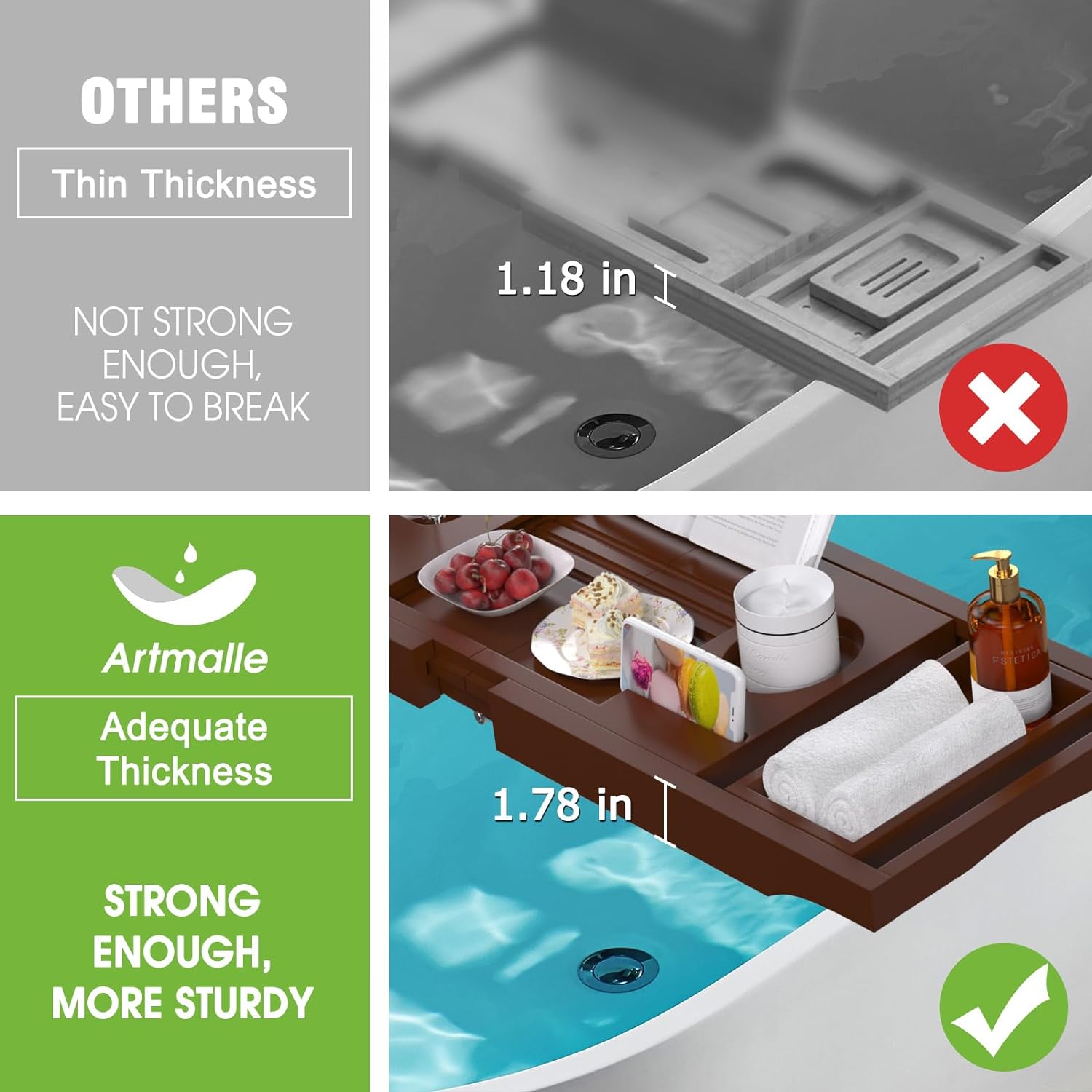 Artmalle Bathtub Caddy Tray for Tub,Foldable Bamboo Bath Table Tray with Book and Wine Glass Holder, Expandable Bathroom Accessories with Free Soap Dish Suitable for Luxury Spa or Reading