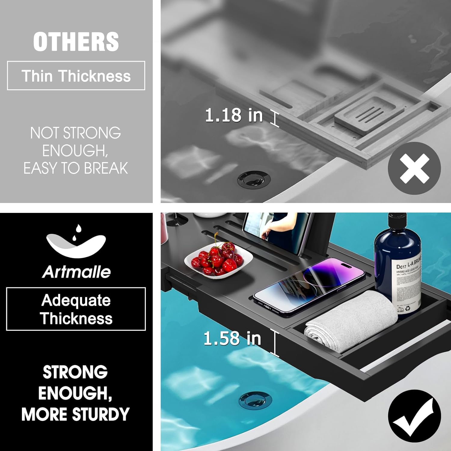 Artmalle Bathtub Caddy Tray for Tub,Foldable Bamboo Bath Table Tray with Book and Wine Glass Holder, Expandable Bathroom Accessories with Free Soap Dish Suitable for Luxury Spa or Reading