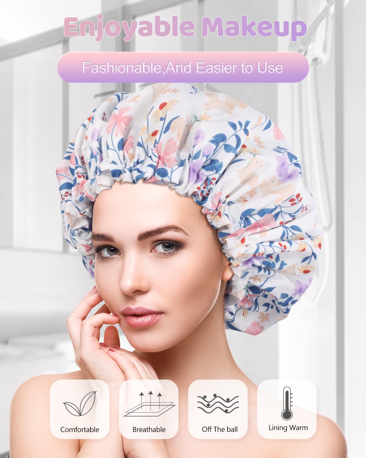 Aquior Shower Caps, Double Layer Waterproof Shower Cap for Women, Reusable Large Shower Cap for all Hair Lengths with EVA Lining, Soft Bath Shower Caps