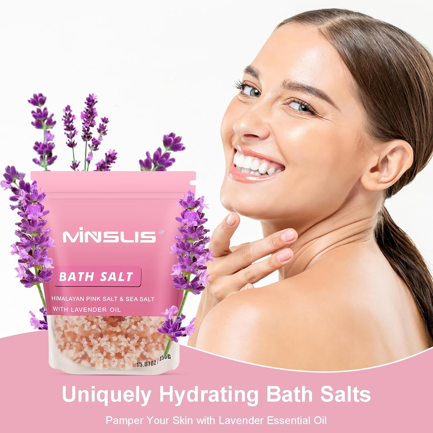 MINSLIS Bath Salts for Women Relaxing, Himalayan Pink Salt with Lavender Oil Essential Oil & Sea Salts 100% Natural Aromatherapy and Relaxation Foot Spa Body for Pain Relief - 15.87 oz