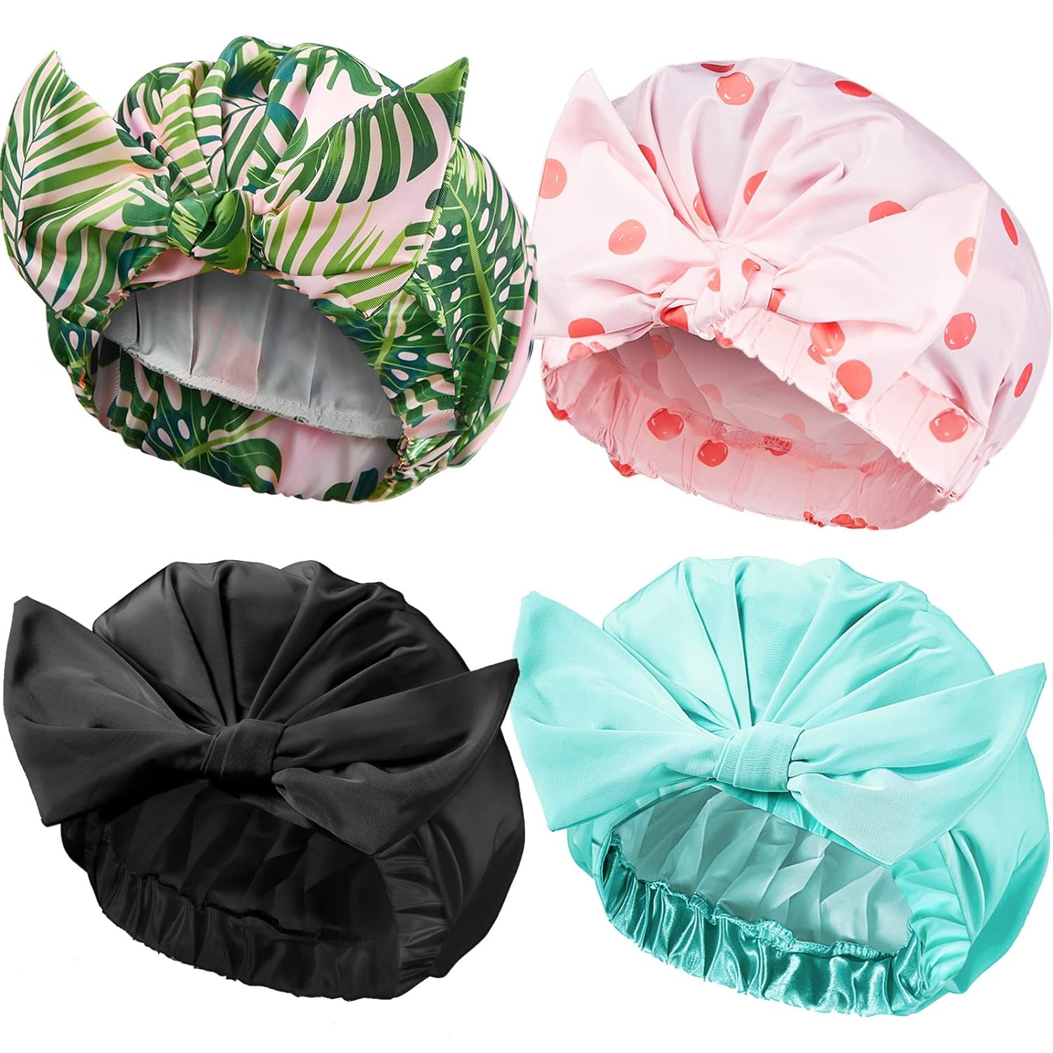 Floraltop 4 Pcs Shower Caps for Women, Waterproof Reusable Shower Hair Caps Bowknot Satin Bath Hair Caps Elastic Hem Turban Shower Bath Caps for Long Short Curly Hair Women Girls (Stripe)