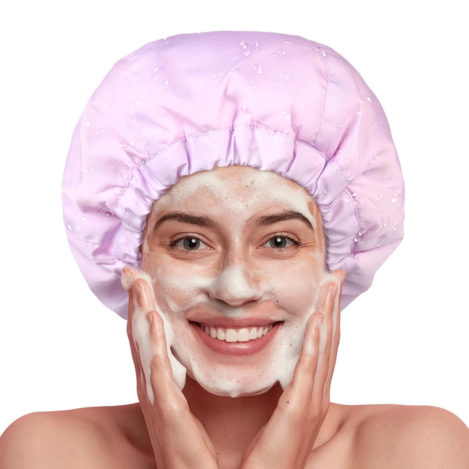 Shower Cap for Women Terry Lined Bath Cap Large Reusable Waterproof Elastic Band Pink Shower Caps for Long Thick Hair Soft Bath Shower Hair Caps