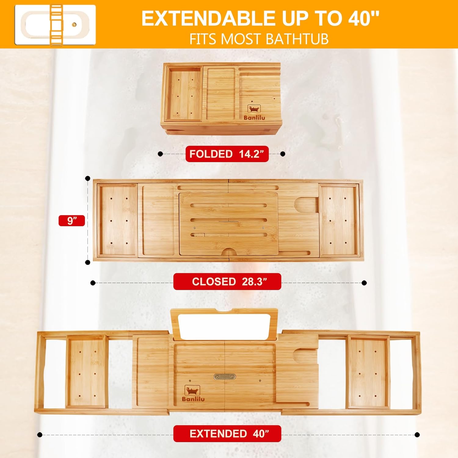 Premium Bathtub Tray Caddy - Bath Tray Bamboo Expandable - Bath Tub Tray Table for Bathtub - Expandable Size, Fits Most Bath Tubs