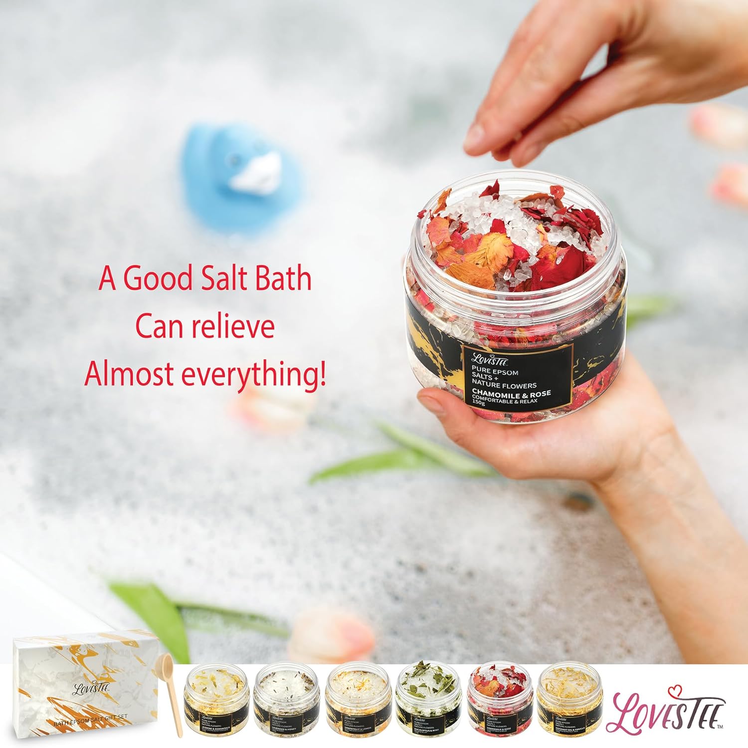 Lovestee Epsom Salt Spa Gift Set of 6 Bath Salts - Coconut Vanilla, Jasmine Osmanthus, Eucalyptus Mint, Lavender Honey, Chamomile Rose, Grapefruit Lemon for Soaking Bath Gift Set for Women