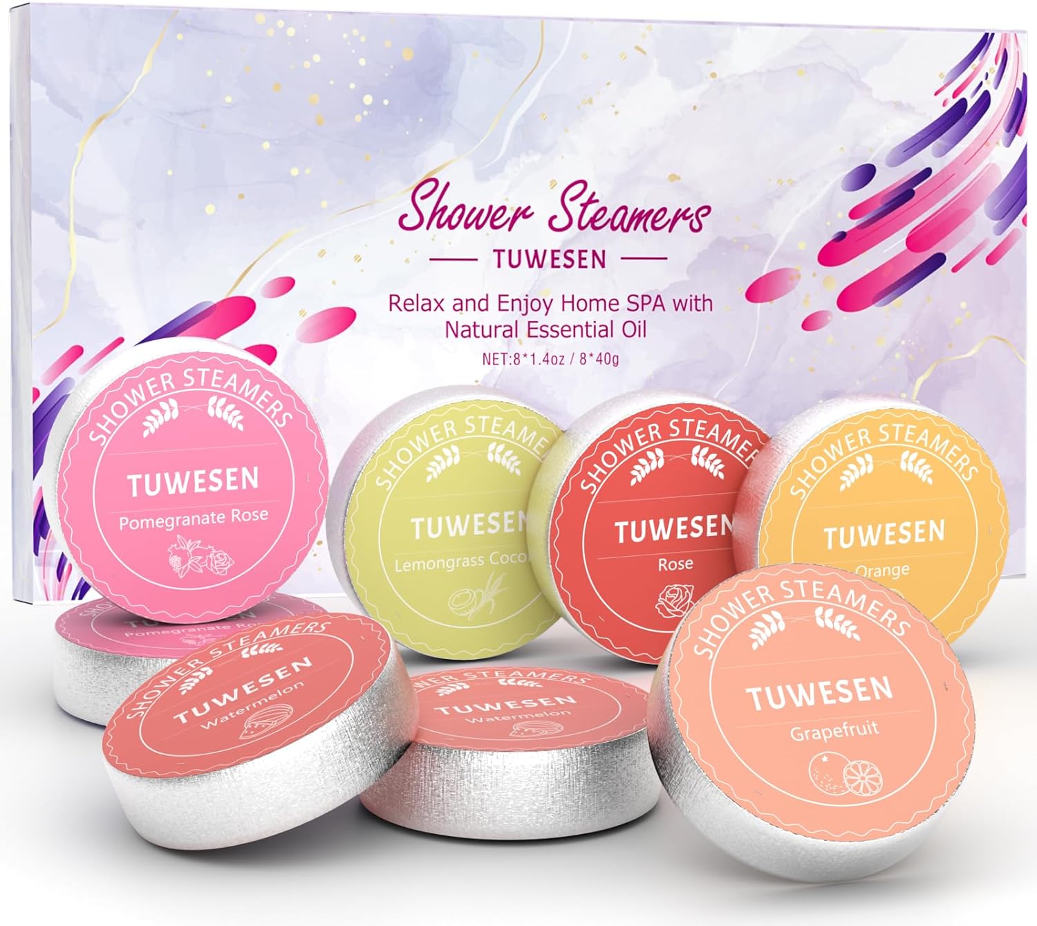 TUWESEN Shower Steamers Aromatherapy, SPA Kit, 8 PCS Shower Steamers for Women, Shower Bombs with Essential Oils-Self Care & Relaxation Birthday Gifts for Women and Men. Purple Romantic Set