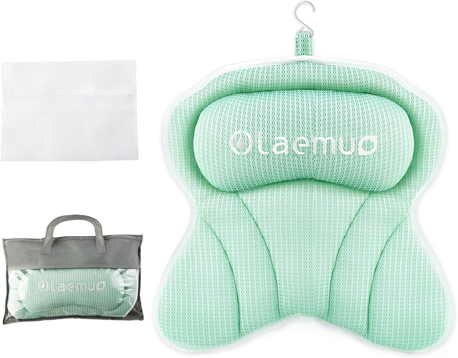 Olaemuo Bath Pillow Ergonomic Bathtub Pillow, Bath Bathtub Pillows for Tub for Head and Neck Mesh Bath Tub Pillow Headrest Luxury Bath Tub Shower Pillow for Bubble Bath with 6 Suction Cups-Light Green