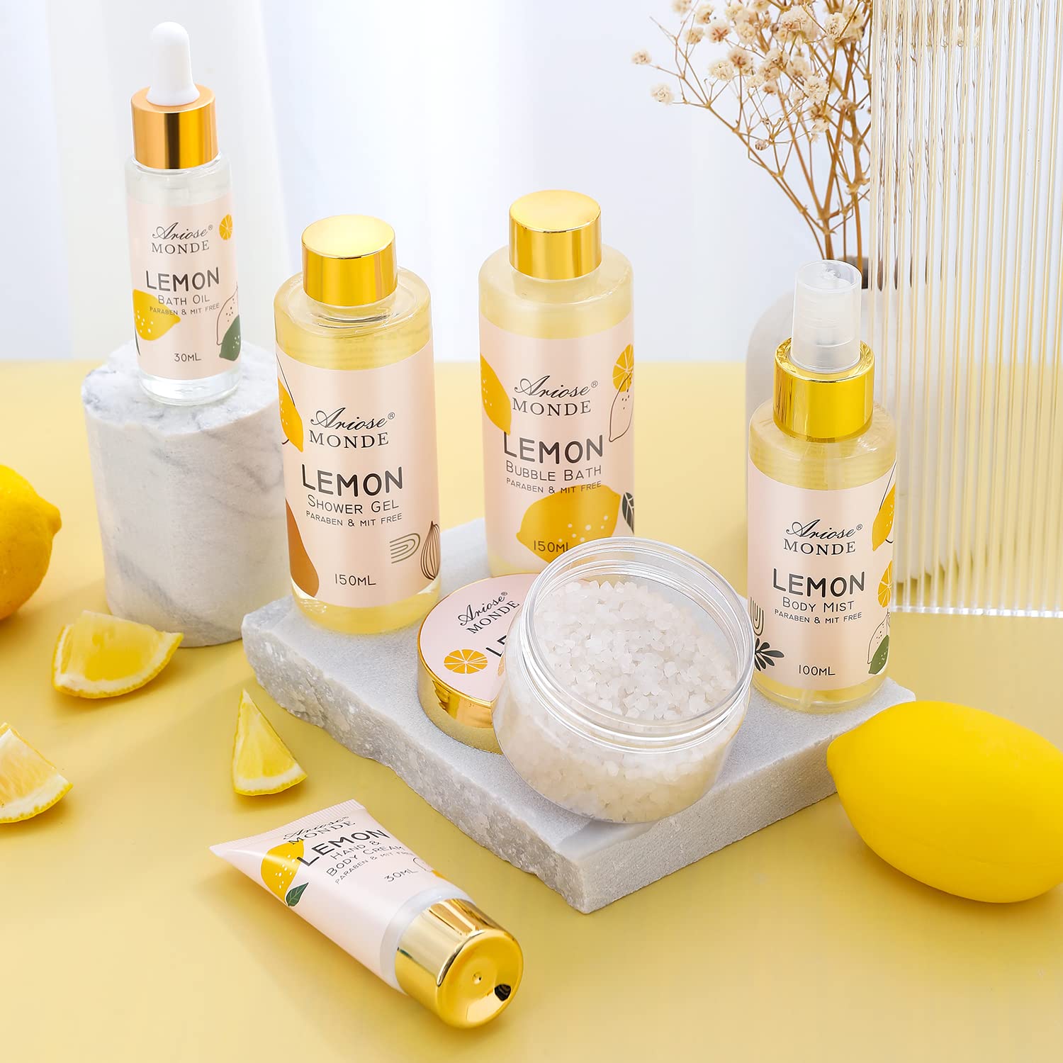 Birthday Gifts Set for Women, Bath Spa Gift Box Set with Shower Gel, Bubble Bath, Body Cream, Bath Soap, Bath Salt, Essential Oil, Bath and Body Gift Box for Women Lemon Scent