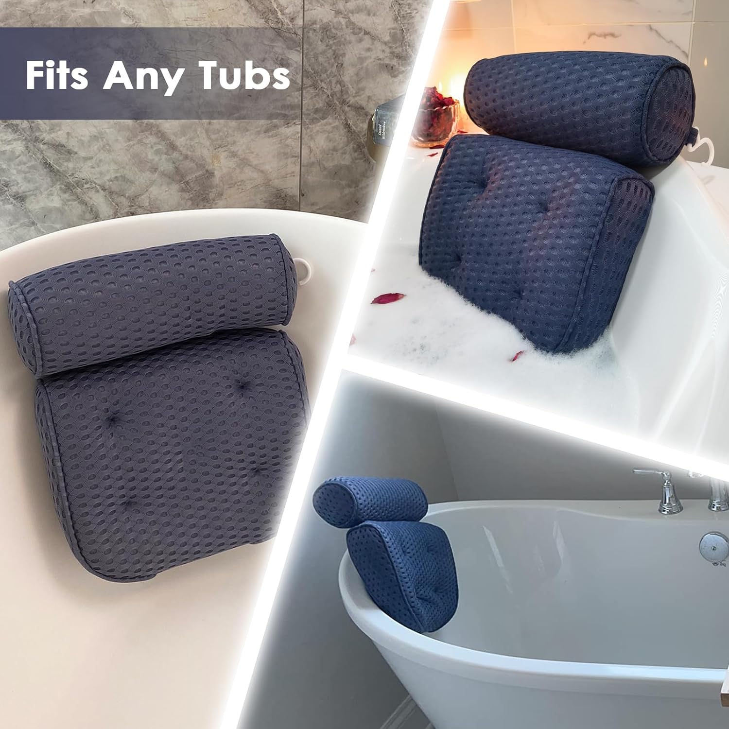 AEROiVi Bathtub Pillow Headrest Bath Pillows for Tub Neck and Back Support with Non Slip Suction Cups Spa Bath Cushion Relaxing Bathroom Accessories