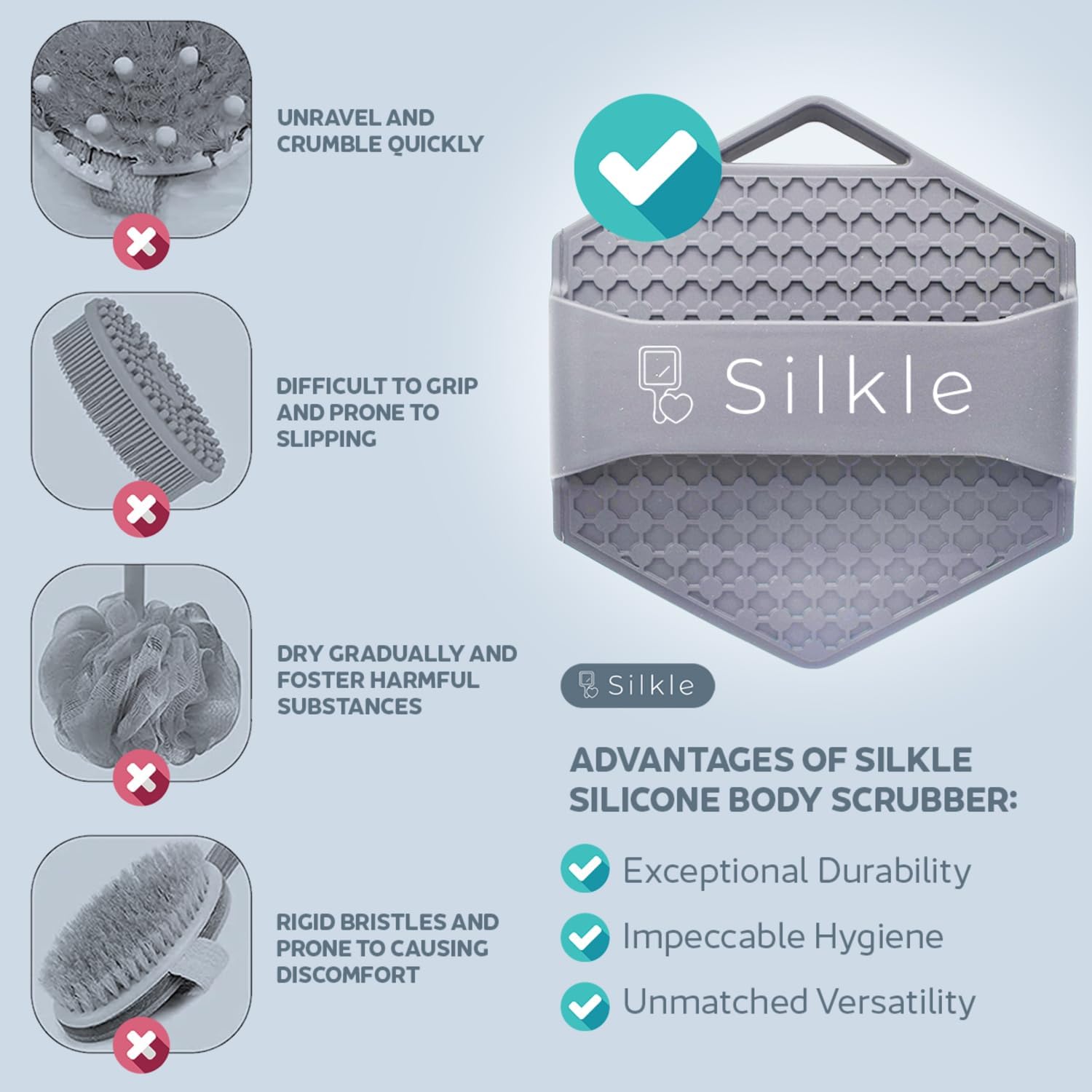 SILKLE Silicone Body Scrubber - Exfoliating Bath Brush and Skin Cleanser - Shower Sponge for Gentle Body Scrub and Wash - Silicone Scrubbing Care Tool for a Refreshed and Renewed You - Pink