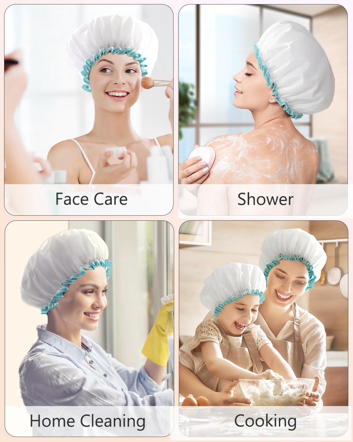 mikimini White Shower Cap Waterproof Reusable, Double Layers Bathing Hair Cap with Soft Comfortable PEVA Lining, Cute, Non-fading & Stretchy Shower Hat Medium (Pack of 1) White