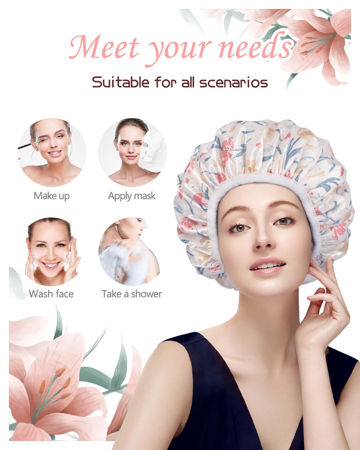 Aquior Shower Cap,Terry Cloth Lined Shower Cap for Women Reusable, Triple Layer Waterproof Bath Cap, Extra Large for Women Long Hair