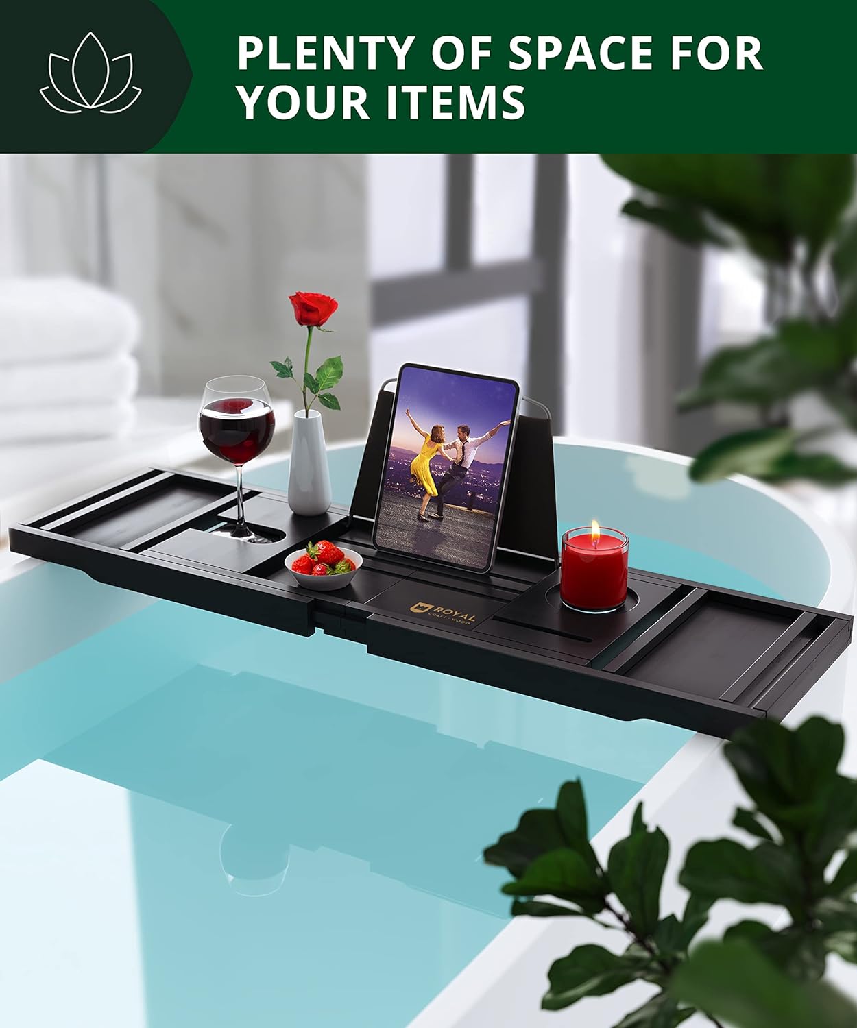 ROYAL CRAFT WOOD Foldable Bathtub Tray Caddy Bamboo Bathtub Tray Expandable, Bath Tub Table Caddy with Extending Sides - Free Soap Dish