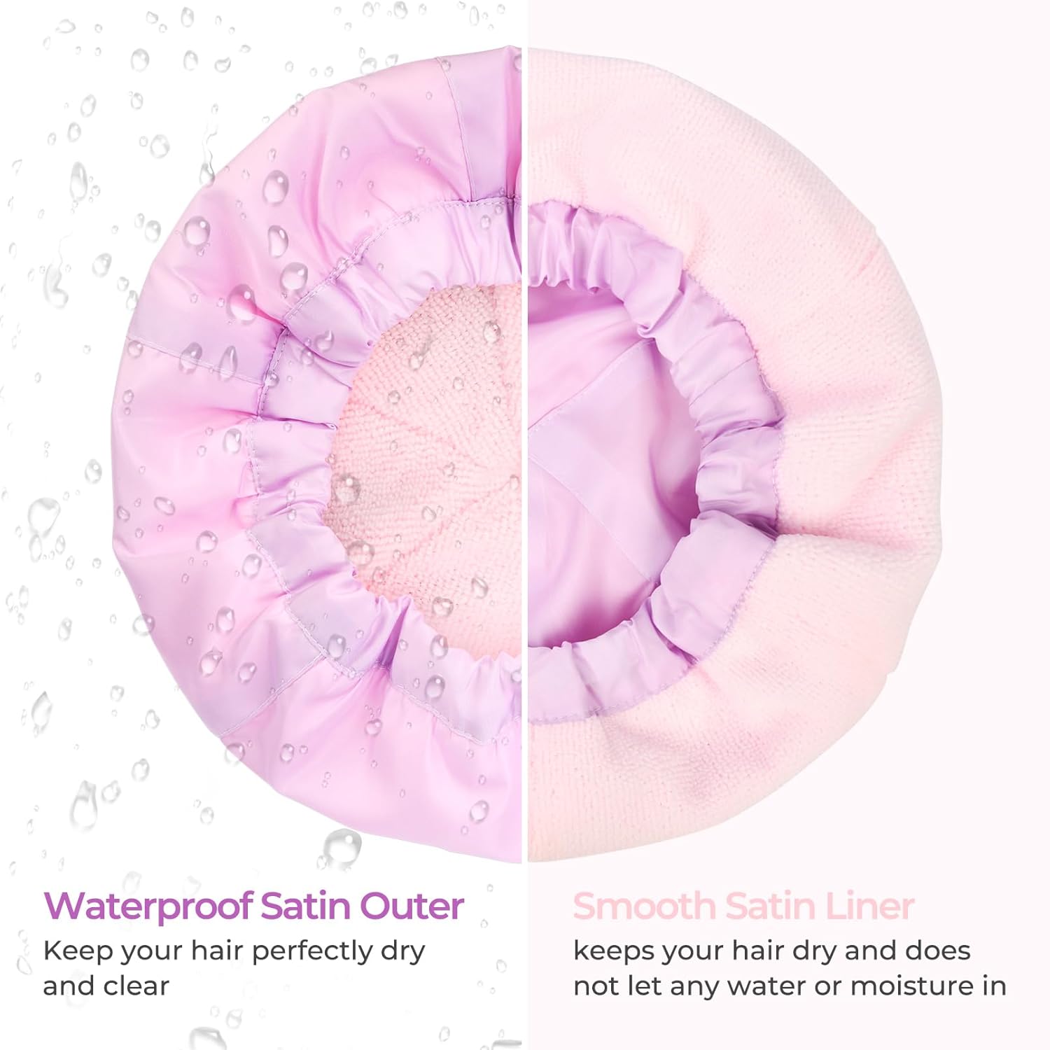 Shower Cap for Women Terry Lined Bath Cap Large Reusable Waterproof Elastic Band Pink Shower Caps for Long Thick Hair Soft Bath Shower Hair Caps